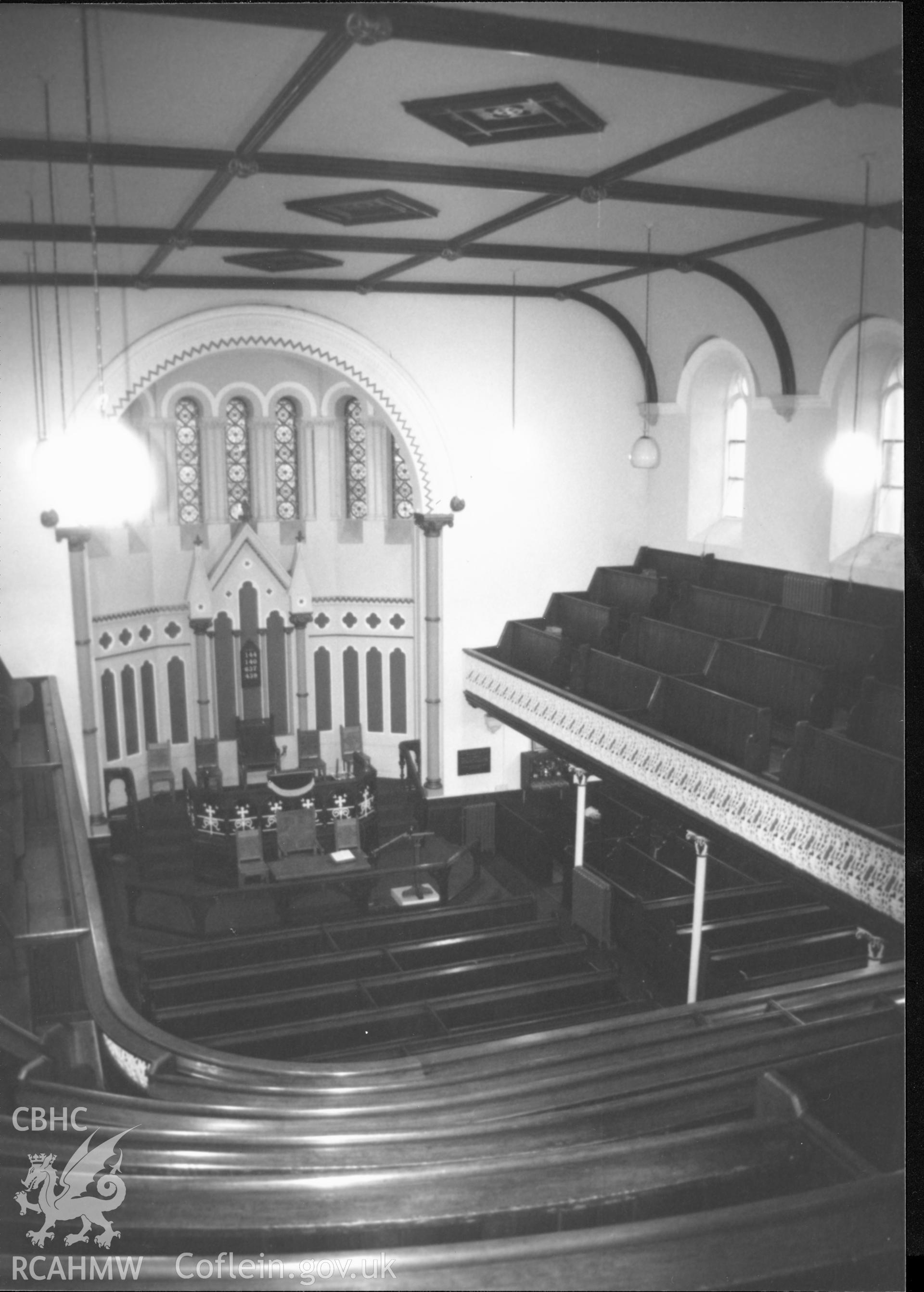 Digital copy of a black and white photograph showing an interior view of Bethesda English Baptist Chapel, Haverfordwest taken by Robert Scourfield, 1996.