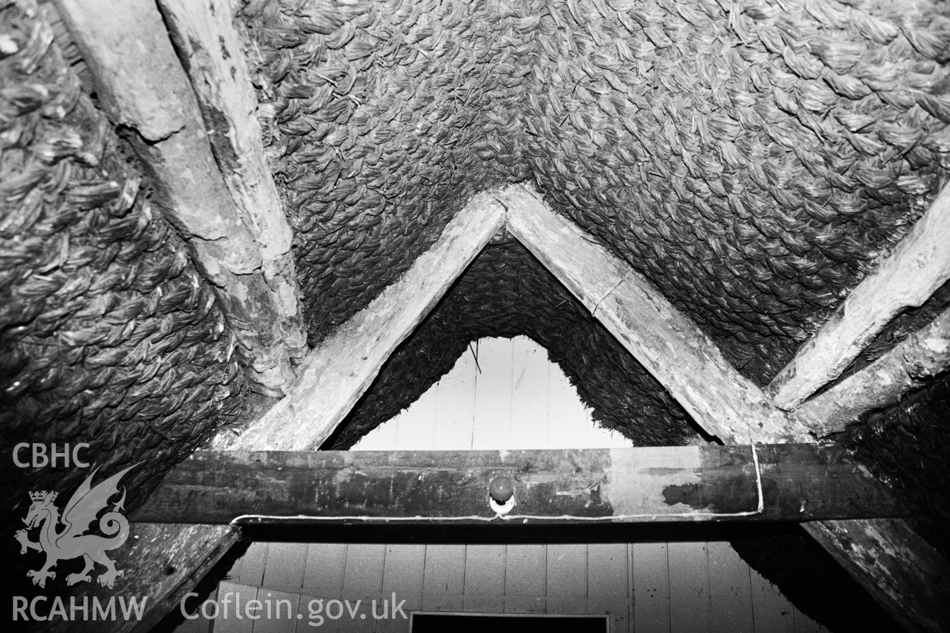 Interior, Straw-rope mat under-thatch & N-E truss.