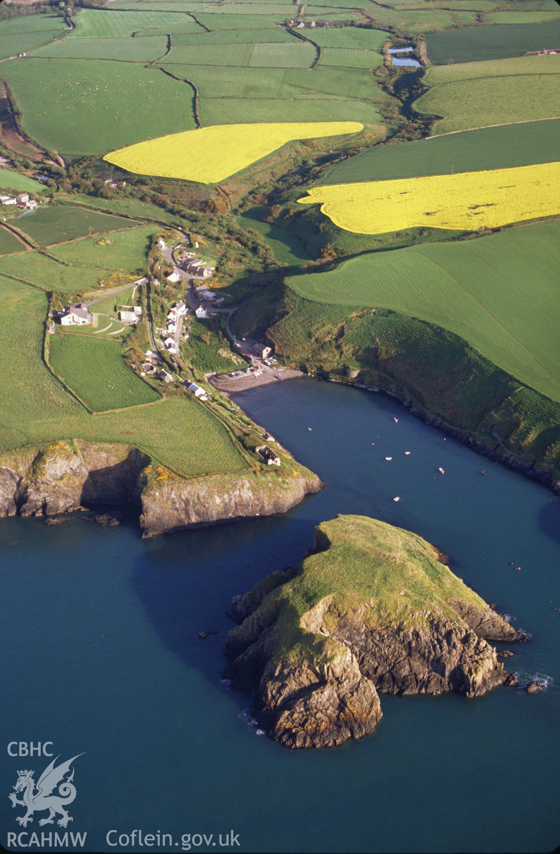 Slide of RCAHMW colour oblique aerial photograph of Abercastle, taken by C.R. Musson, 18/5/1989.