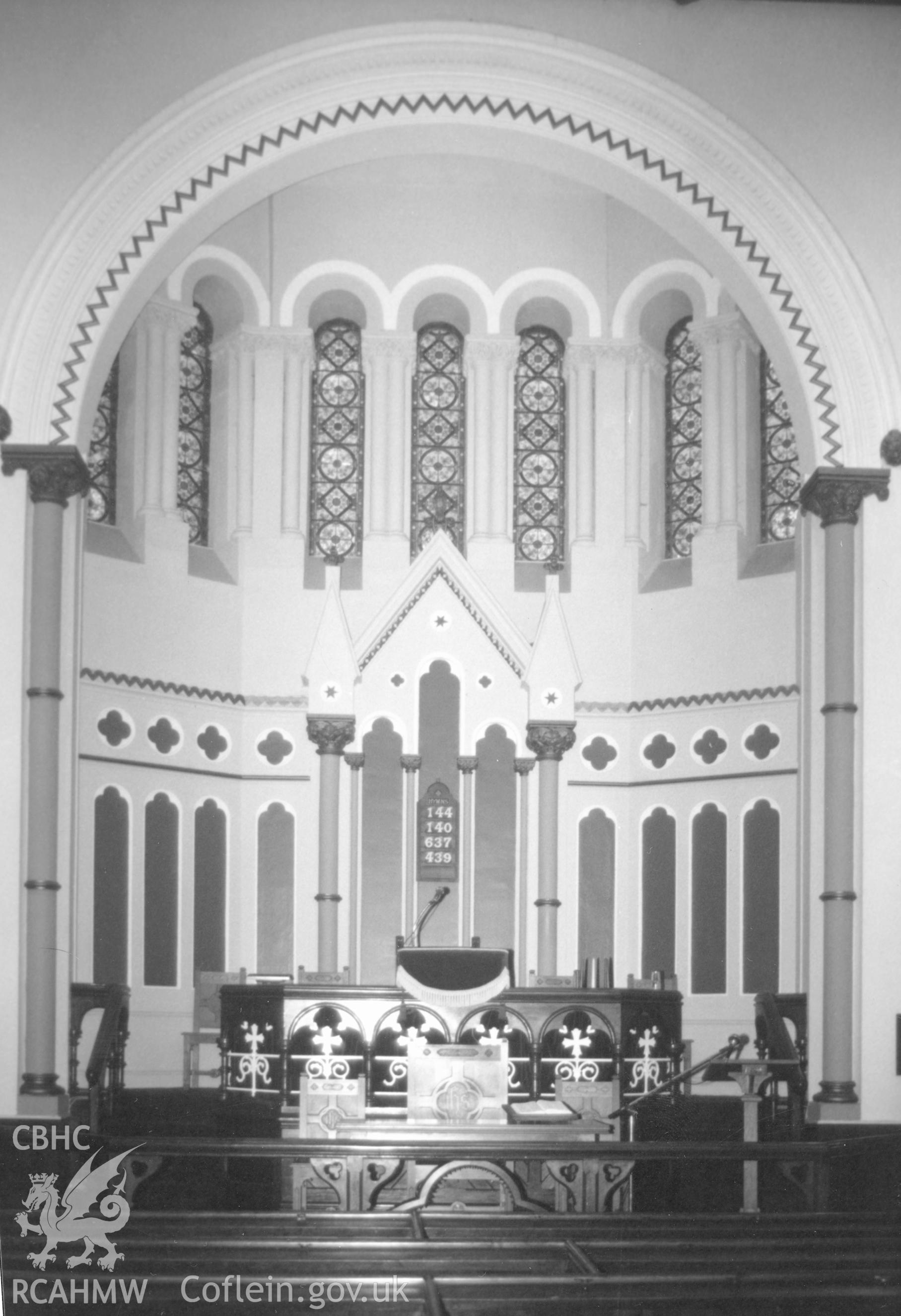 Digital copy of a black and white photograph showing an interior view of the Bethesda English Baptist Chapel, Haverfordwest, taken by Robert Scourfield, c.1996.