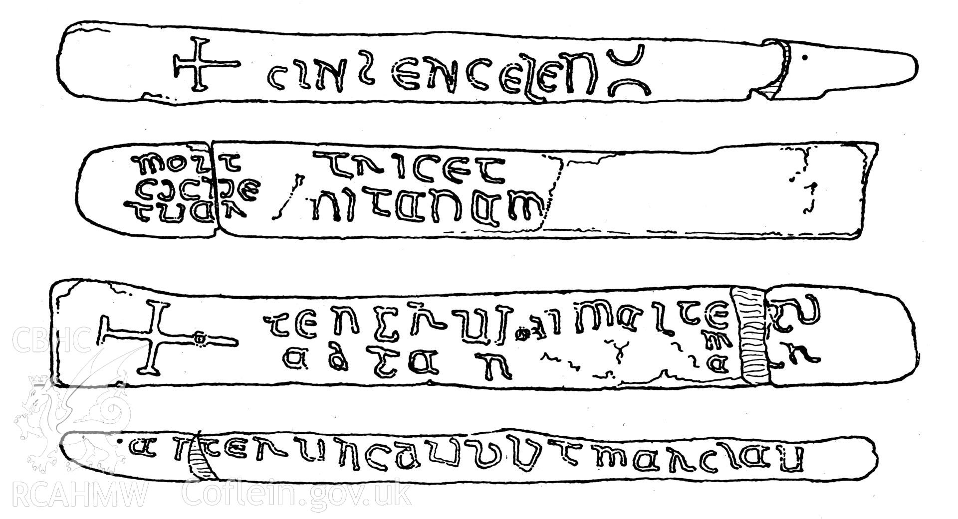 Digitized image of a drawing showing the inscription on a stone at Tywyn Church, as published in RCAHMW Merioneth Inventory, fig 143