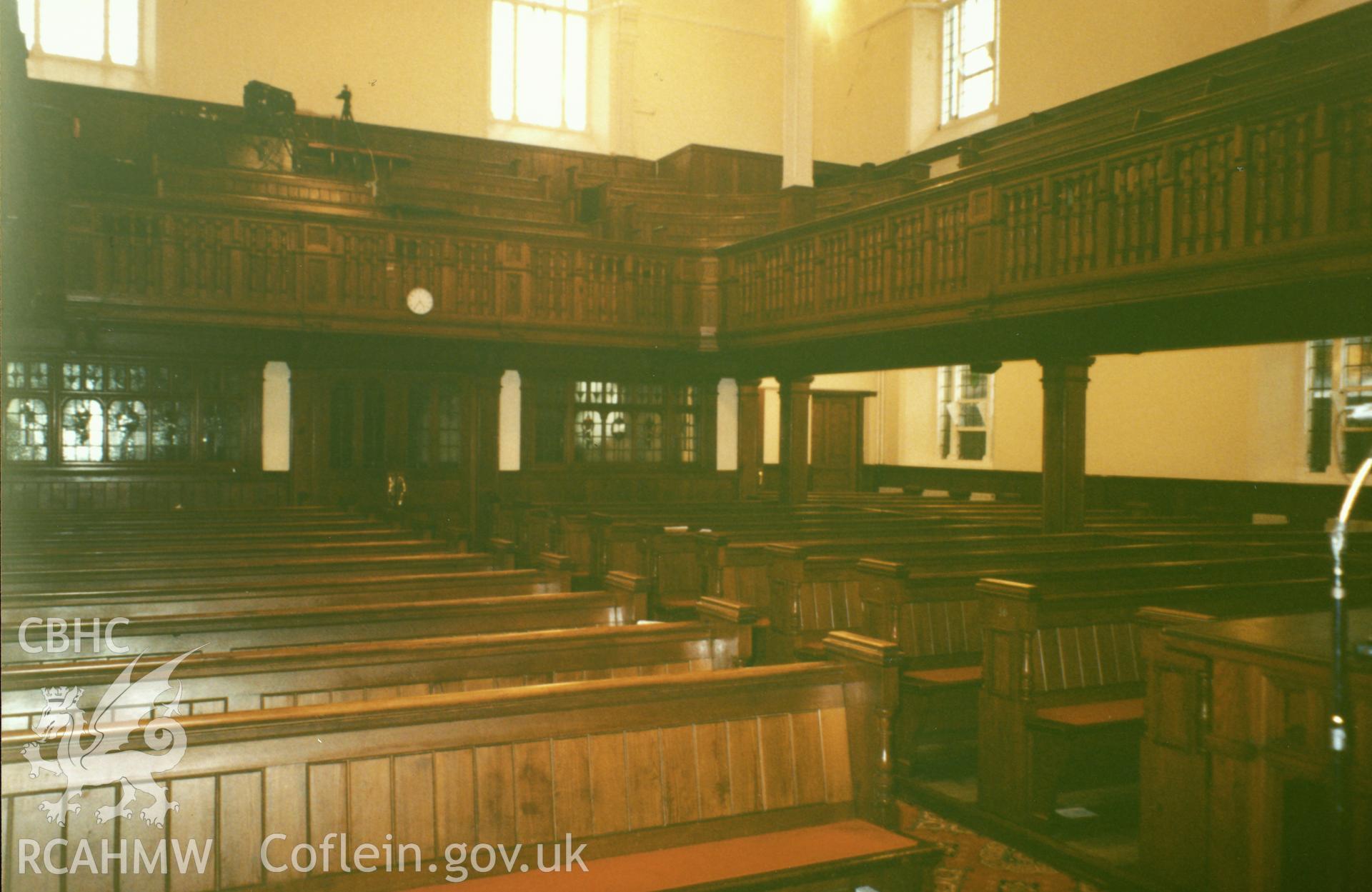 Digital copy of a colour photograph showing an interior view of the  Penuel  Welsh Baptist Church, Carmarthen, taken by Robert Scourfield, undated.