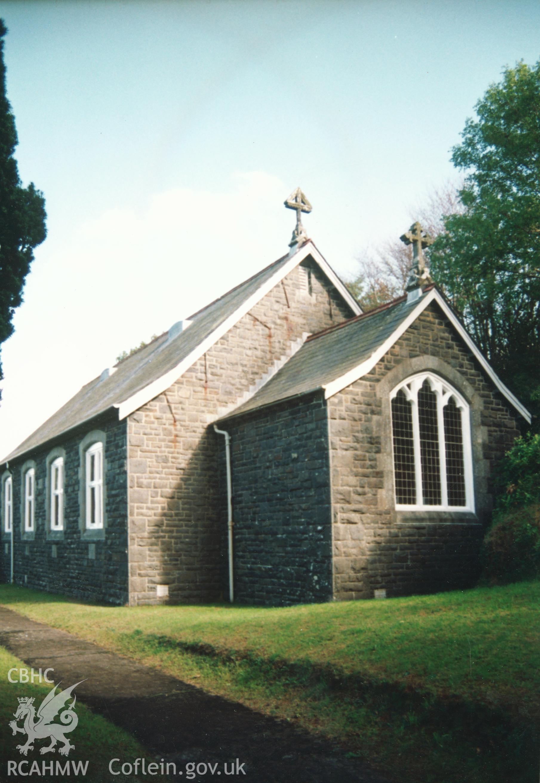 Digital copy of a colour photograph showing an exterior view of Ciliau Aeron Unitarian Chapel, taken by Robert Scourfield, c.1996.