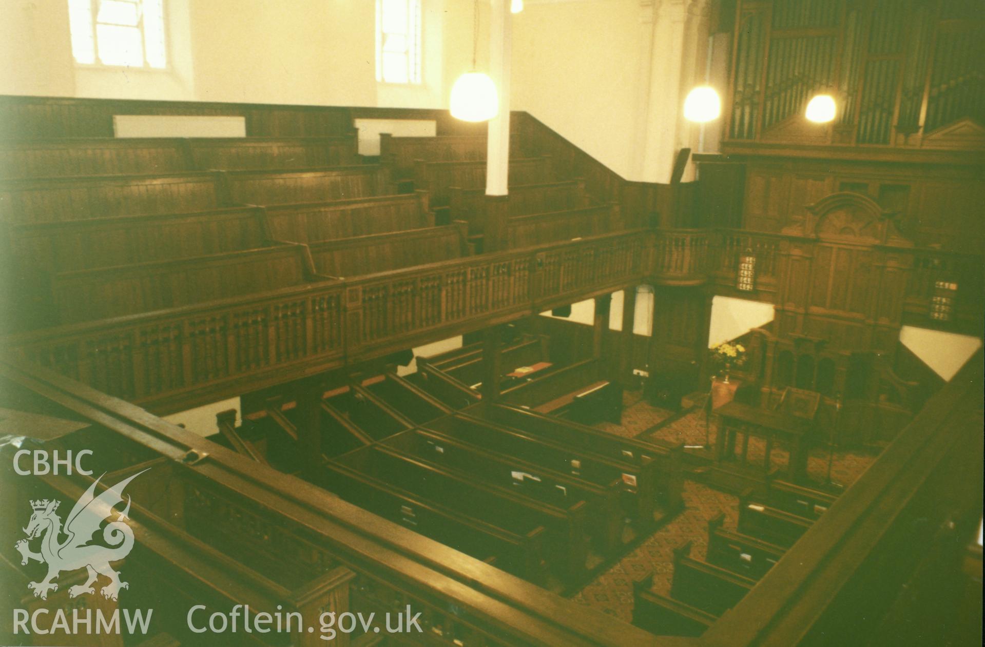 Digital copy of a colour photograph showing an interior view of the  Penuel  Welsh Baptist Church, Carmarthen, taken by Robert Scourfield, undated.