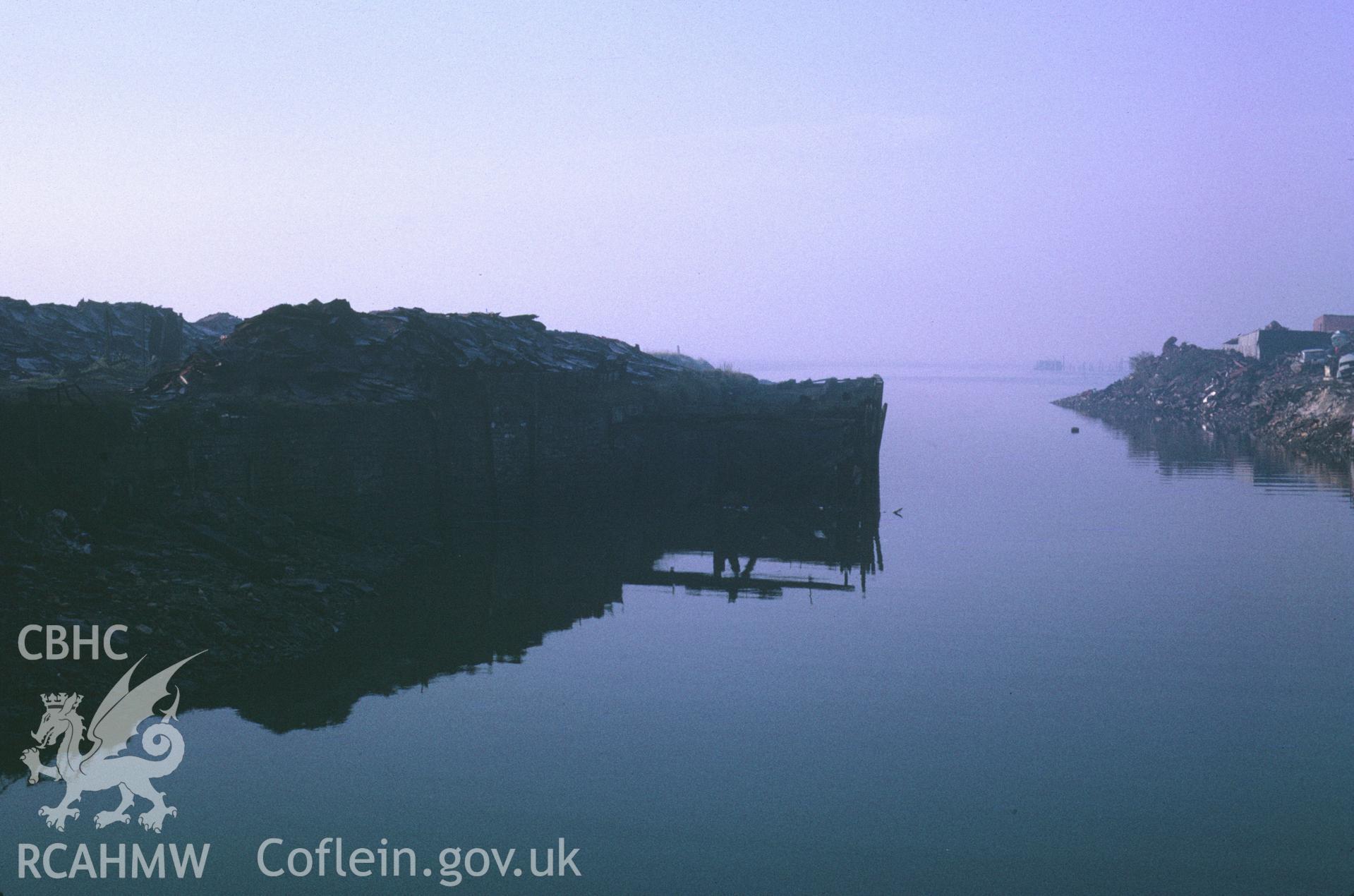 35mm slide showing the entrance channel to Copperworks Dock, Llanelli, Carmarthenshire, by Dylan Roberts.