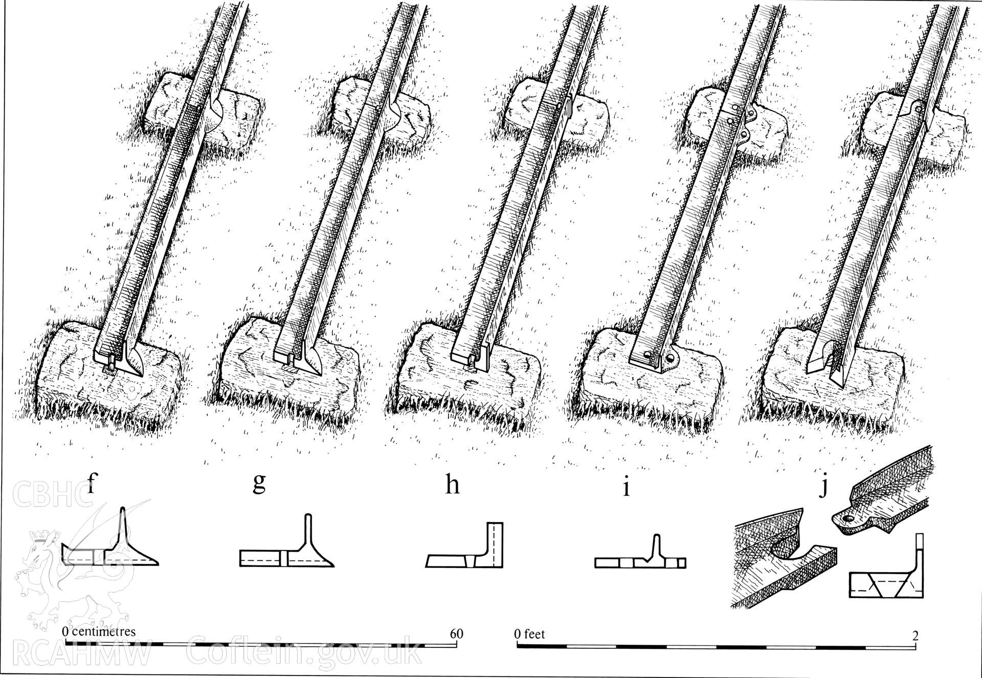 Ink-line drawing of the varying types of rail found on the Brecon Forest Tramroad, Fig 93, "The Brecon Forest Tramroads", S.R. Hughes, 1990.