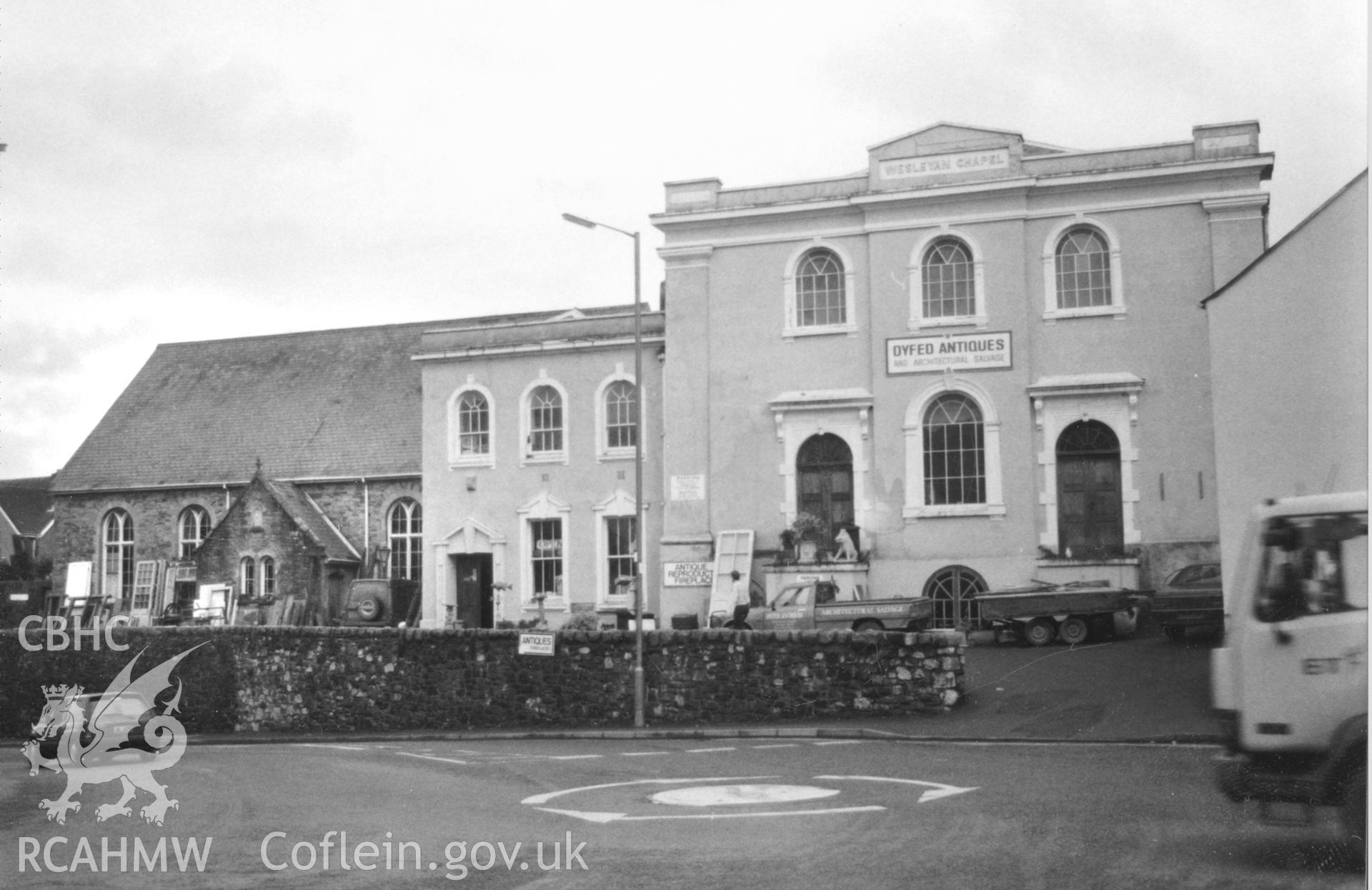 Digital copy of a black and white photograph showing an exterior view of Wesleyan Methodist Chapel, Haverfordwest, taken by Robert Scourfield, 1996.