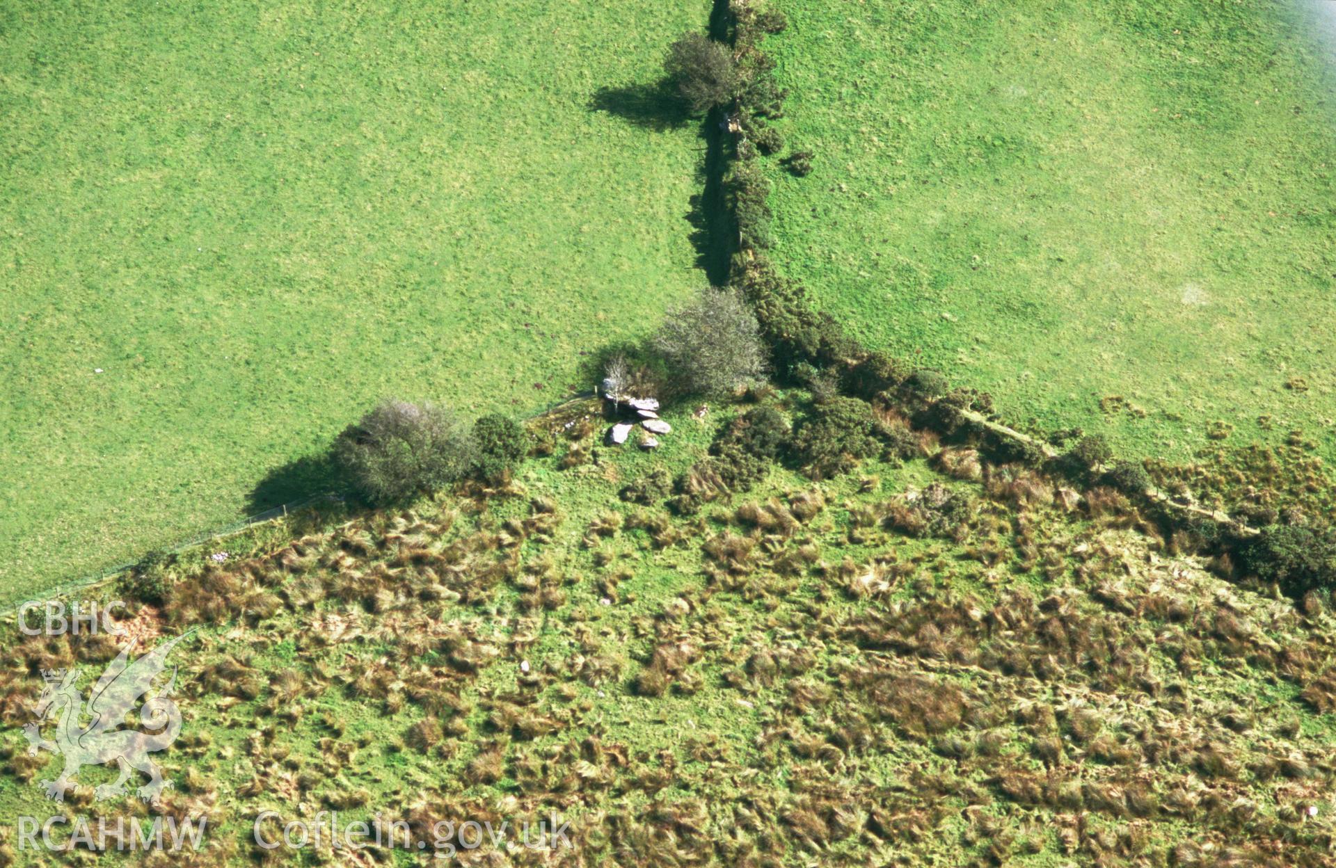 RCAHMW colour oblique aerial photograph of Mynachlog Ddu burial chamber. Taken by Toby Driver on 03/10/2002