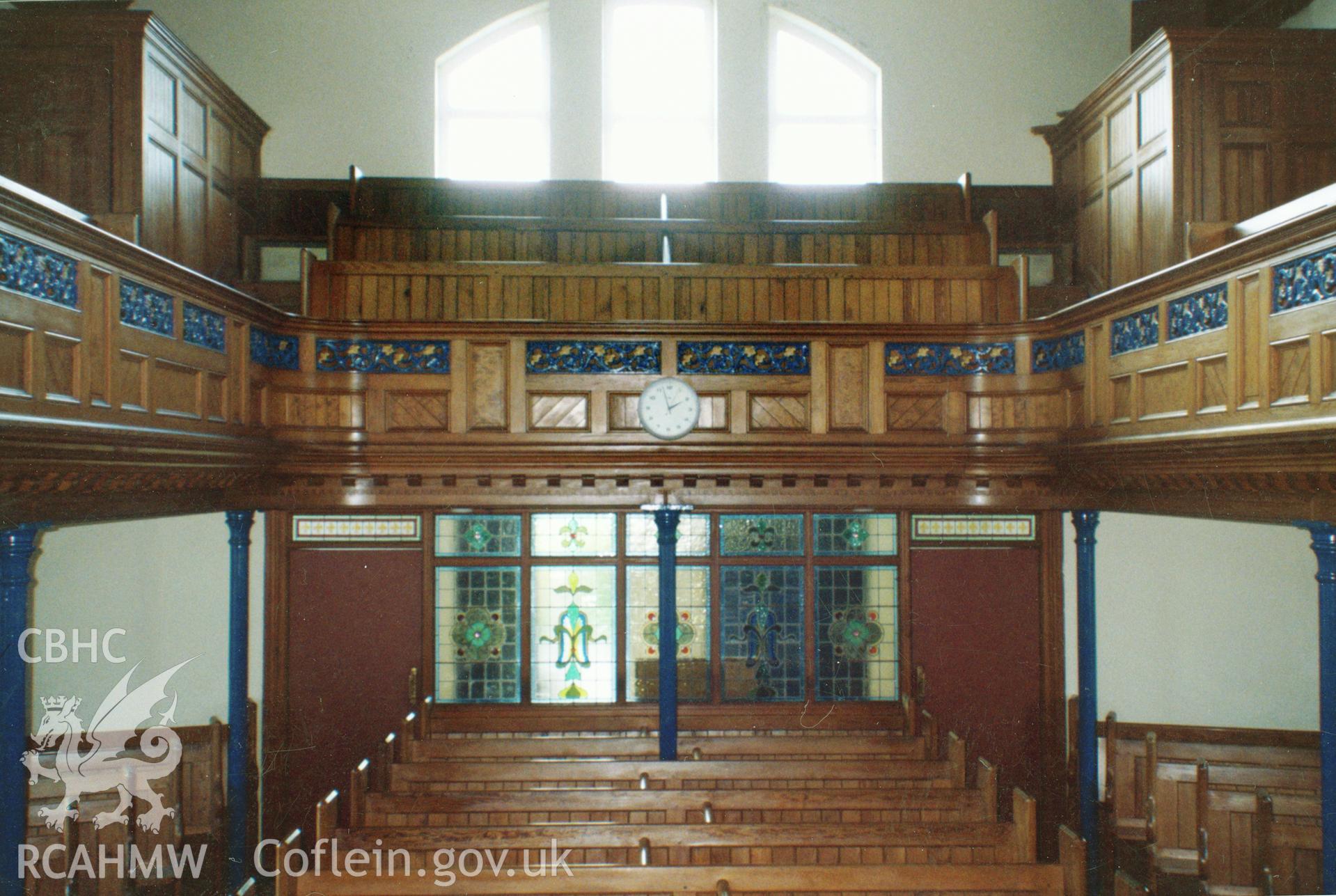 Digital copy of a colour photograph showing an interior view of Hen Gapel Welsh Independent Chapel, Maenclochog, taken by Robert Scourfield, c.1996.