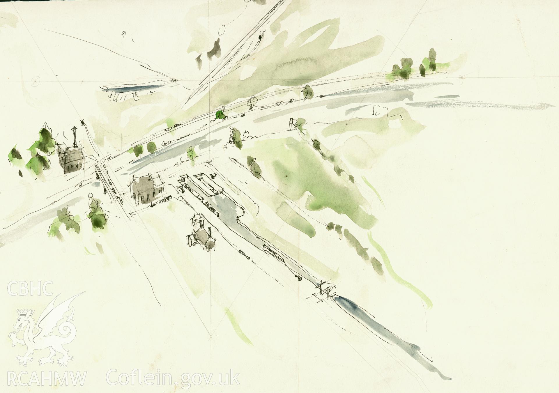 Ink and watercolour sketch showing Abercraf Basin, produced by D.B. Hague, 1975.