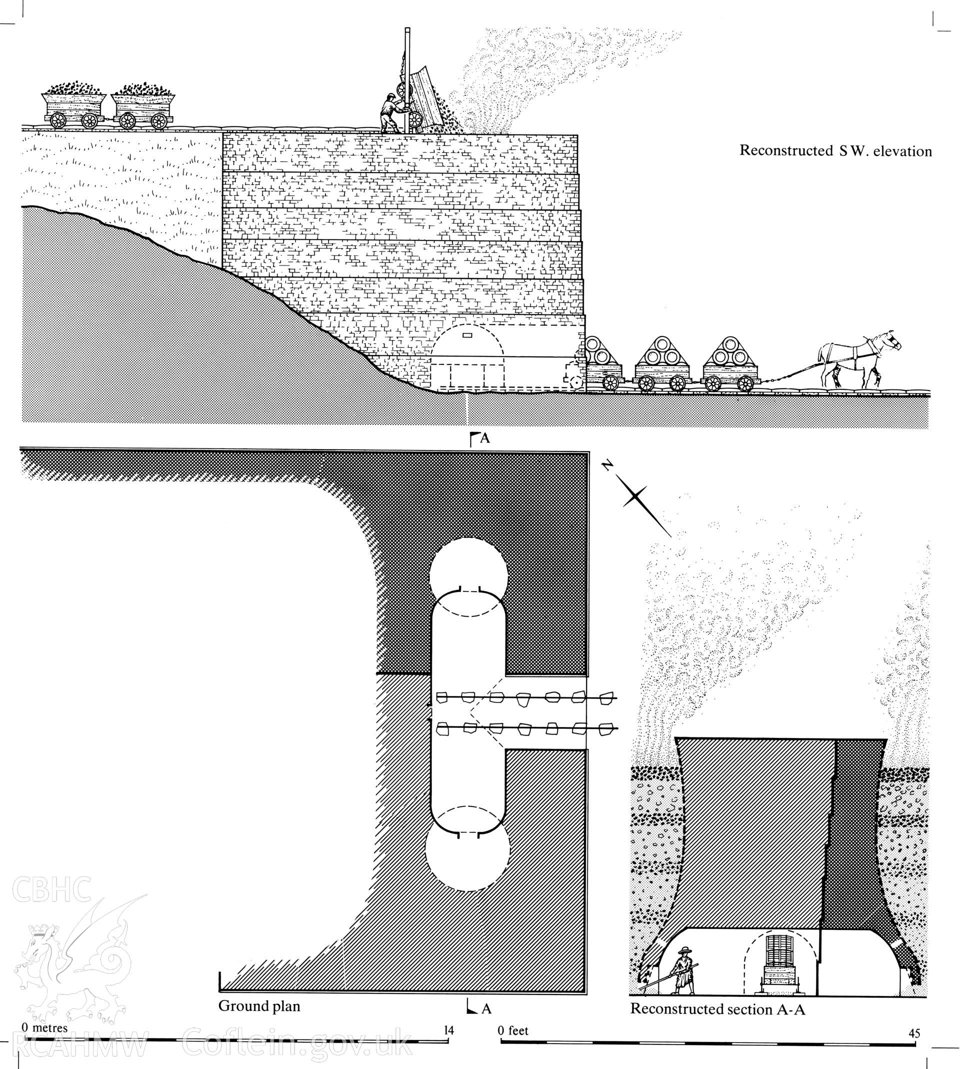 Finished ink-line reconstruction drawing and preliminary sketch of the Twyn-y-Ffald limekilns, Fig 136, "The Brecon Forest Tramroads", S.R. Hughes, 1990.