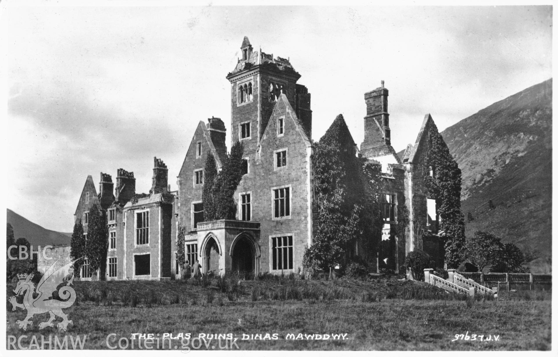 Digitized copy of a black and white postcard showing the ruinous exterior of Plas Dinas Mawddwy, loaned for copying by Thomas Lloyd,  the postcard is undated but bears a postage stamp featuring George V.