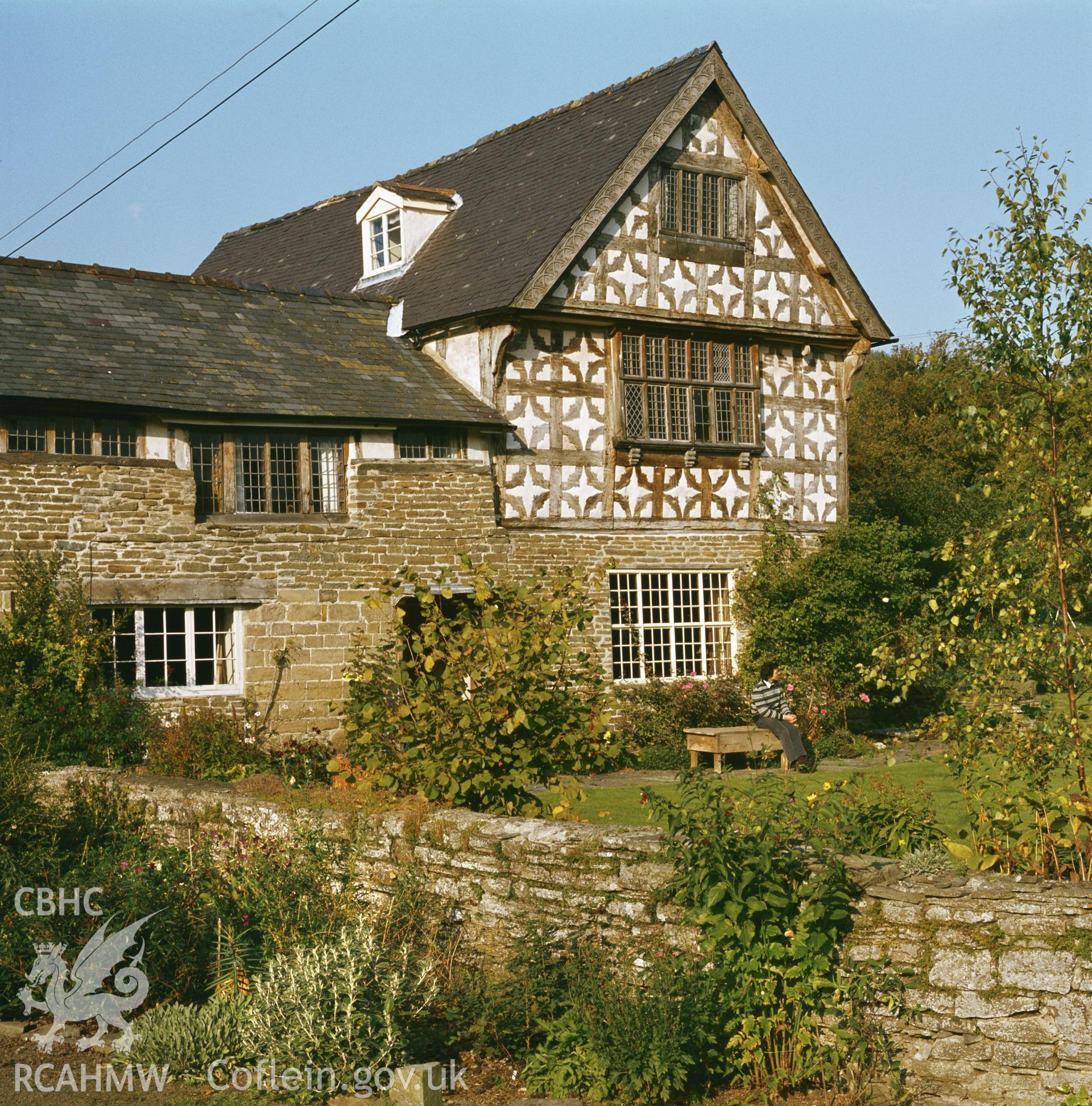 RCAHMW colour transparency showing view of Upper Dolau Farmhouse, Presteigne, taken by Fleur James, 1986.