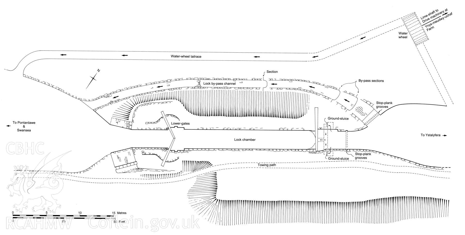 Measured drawing showing plan of Swansea Canal lock number 13 at Ynysmeudwy, produced by RCAHMW, undated.