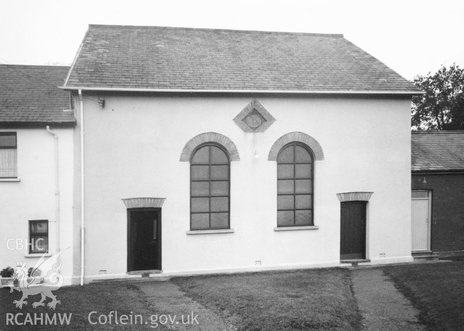 Digital copy of a black and white photograph showing an exterior view of Capel Newydd  Welsh Calvinistic Methodist Chapel, Boncath, taken by Robert Scourfield, c.1996.