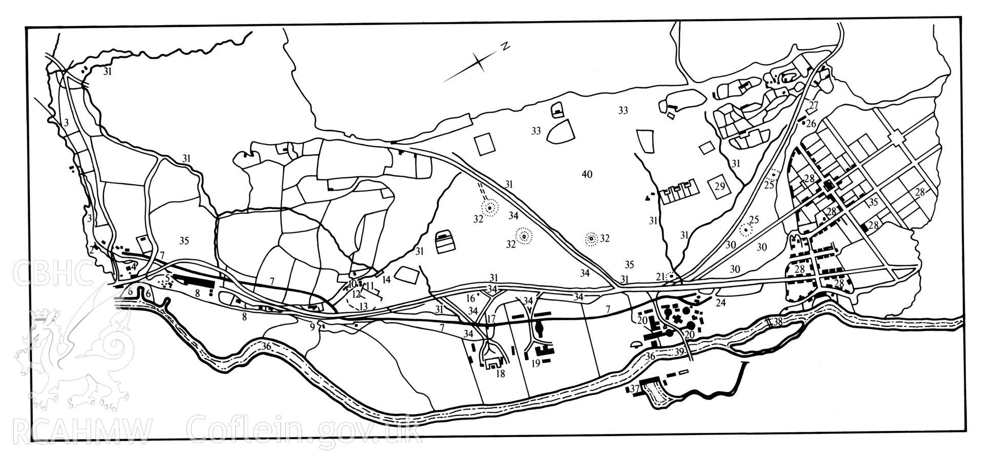 Plan of circa 1793 showing the industrial landscape between Landore and Morriston centred on the mile-long Morris, Lockwood and Company Canal,  produced by J. Johnston, 1998. For legend, see 'Copperopolis: Landscapes of the Early Industrial Period in Swansea' (RCAHMW: 2005), p.96, Fig.137.