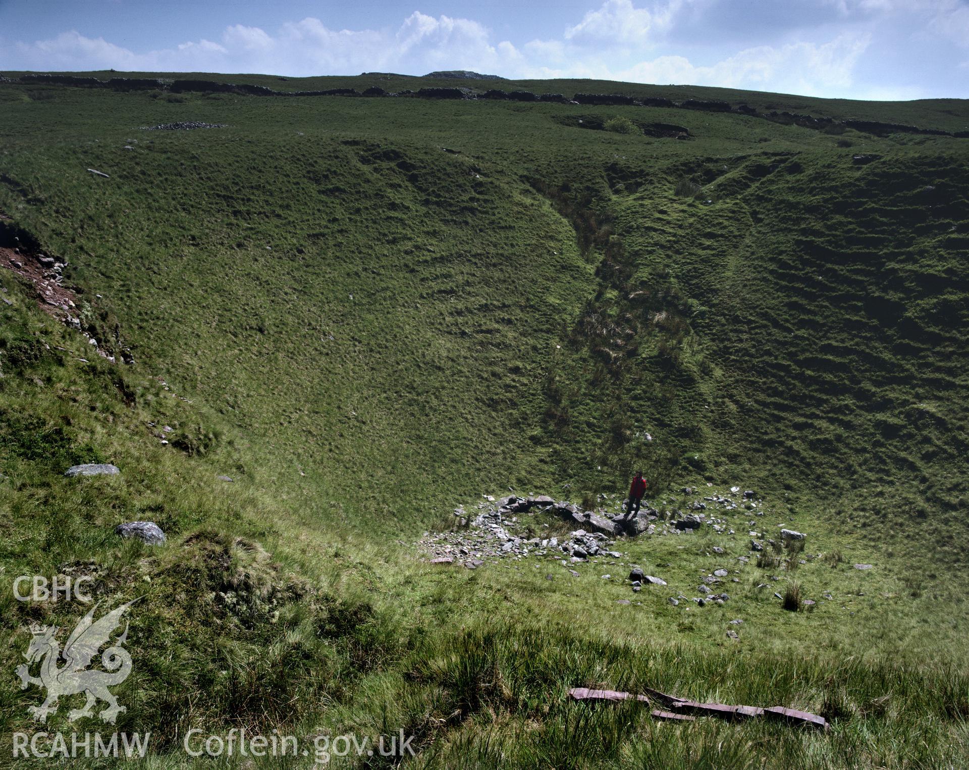 RCAHMW colour transparency showing Pwll y Wythen Hut Circle, Cribarth taken by I.N. Wright, 1981.