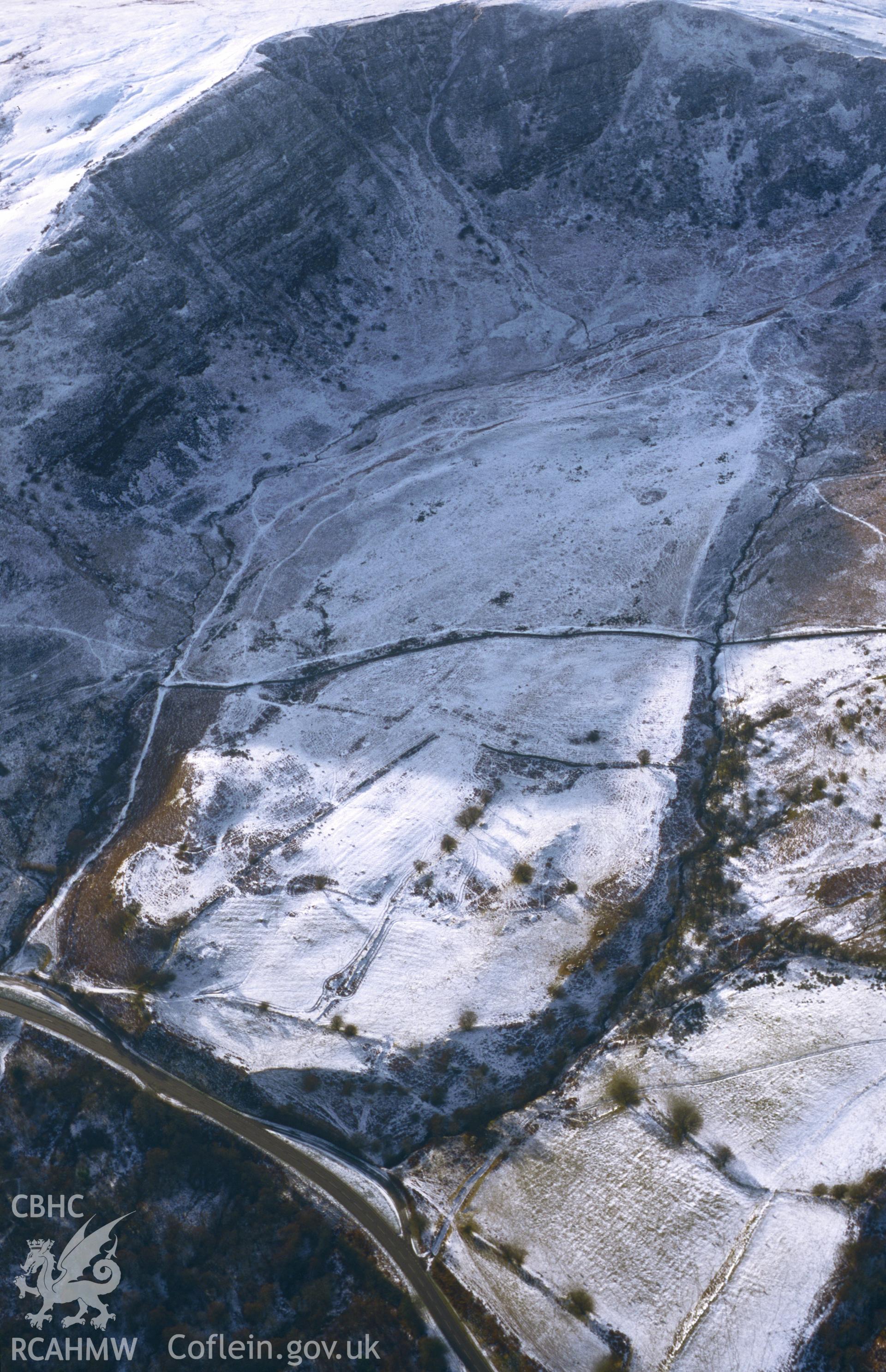 RCAHMW colour slide aerial photograph of Craig-Cerrig Gleisiad, general view of settlement & cultivation from E. Taken by Toby Driver on 10/01/2003