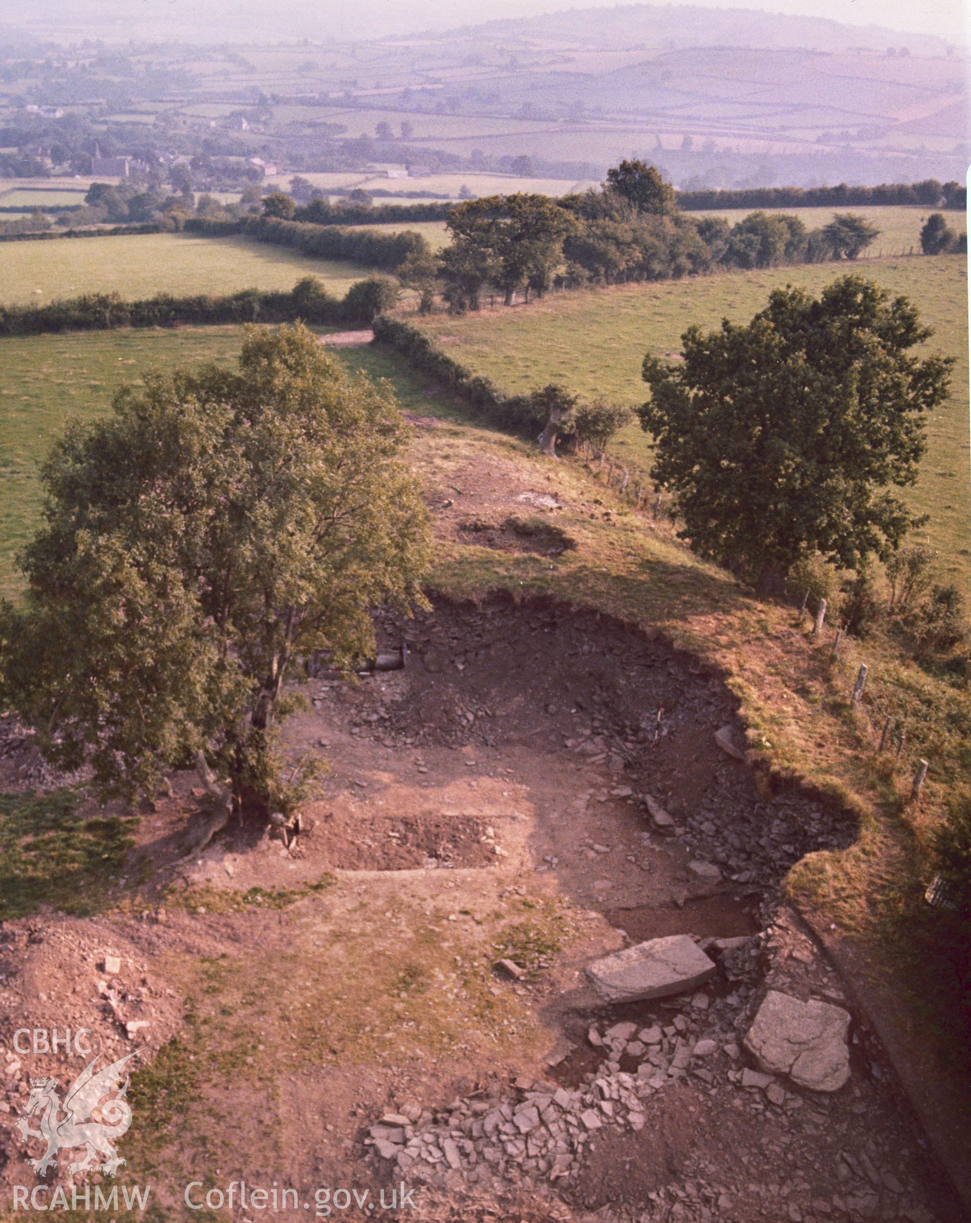 RCAHMW colour transparency showing Penyrwrlodd Long Cairn, taken by RCAHMW, undated.