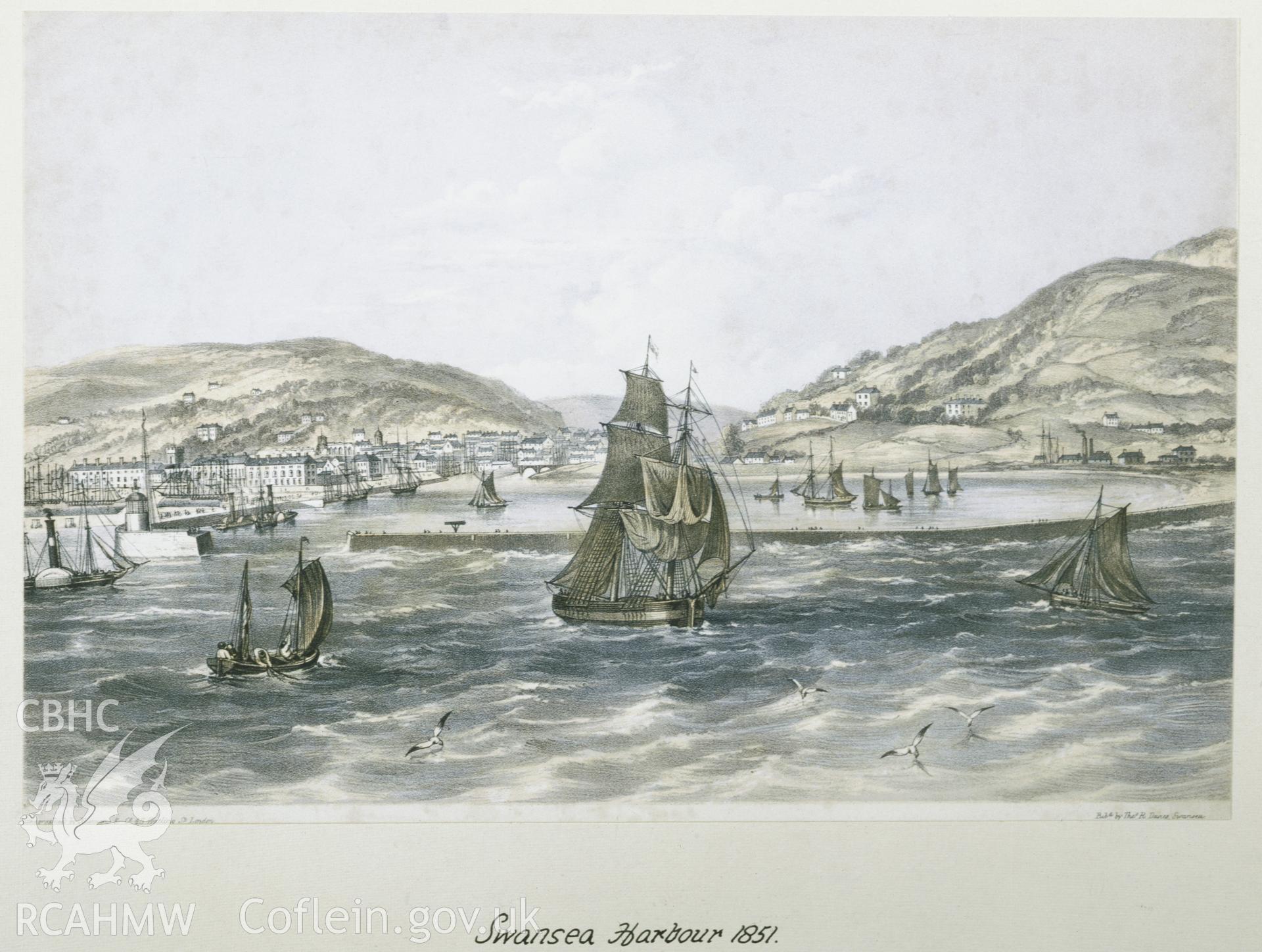 RCAHMW colour transparency of an 1851 lithograph showing Swansea Harbour, photographed by Iain Wright.