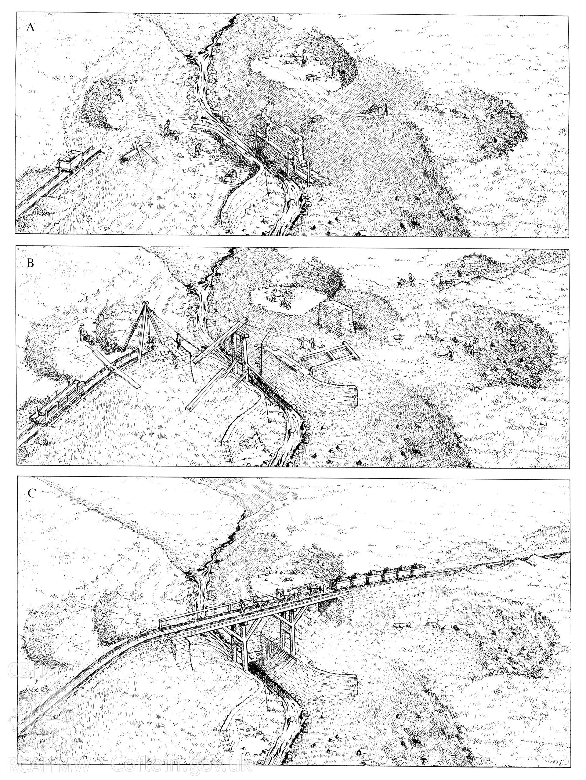 Copy of a reconstruction drawing of the construction sequence of Nant-y-Cae bridge, Fig 186, "The Brecon Forest Tramroads", S.R. Hughes, 1990.