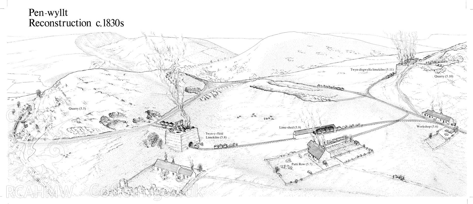 Finished ink-line reconstruction drawing showing a c.1830 view of Pen-wyllt, Fig 114, "The Brecon Forest Tramroads", S.R. Hughes, 1990.

Also rough pencil sketches (birds eye view).