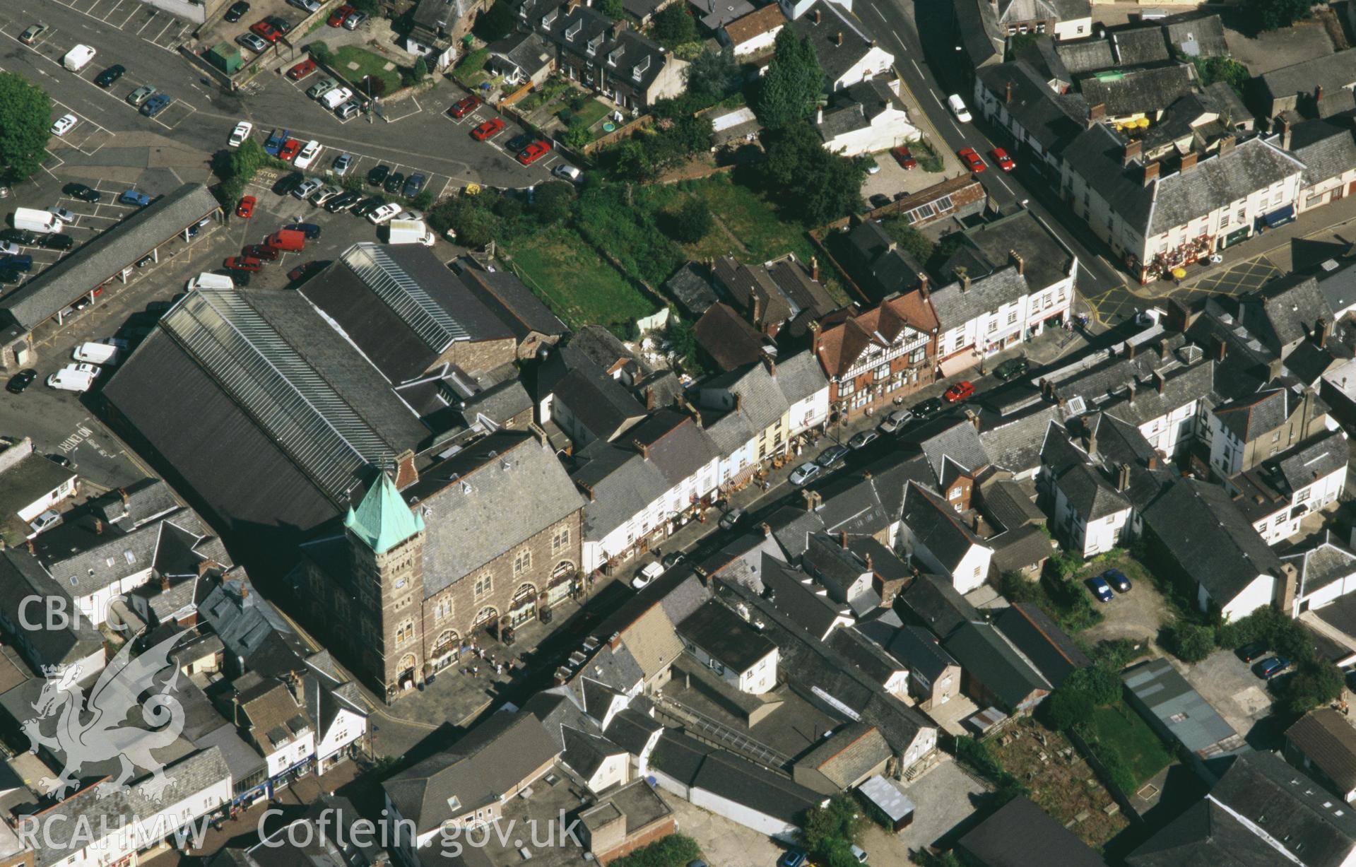 Slide of RCAHMW colour oblique aerial photograph of Abergavenny Town Hall, taken by Toby Driver, 2003.