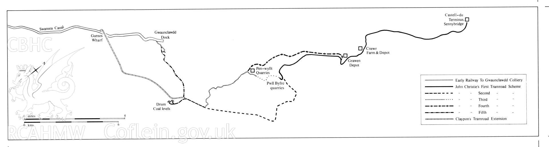 Illustration in two layers, showing John Christie's building schemes for the Brecon Forest Tramroad,  published in fig 98 of the The Brecon Forest Tramroads by S.R. Hughes, 1990.