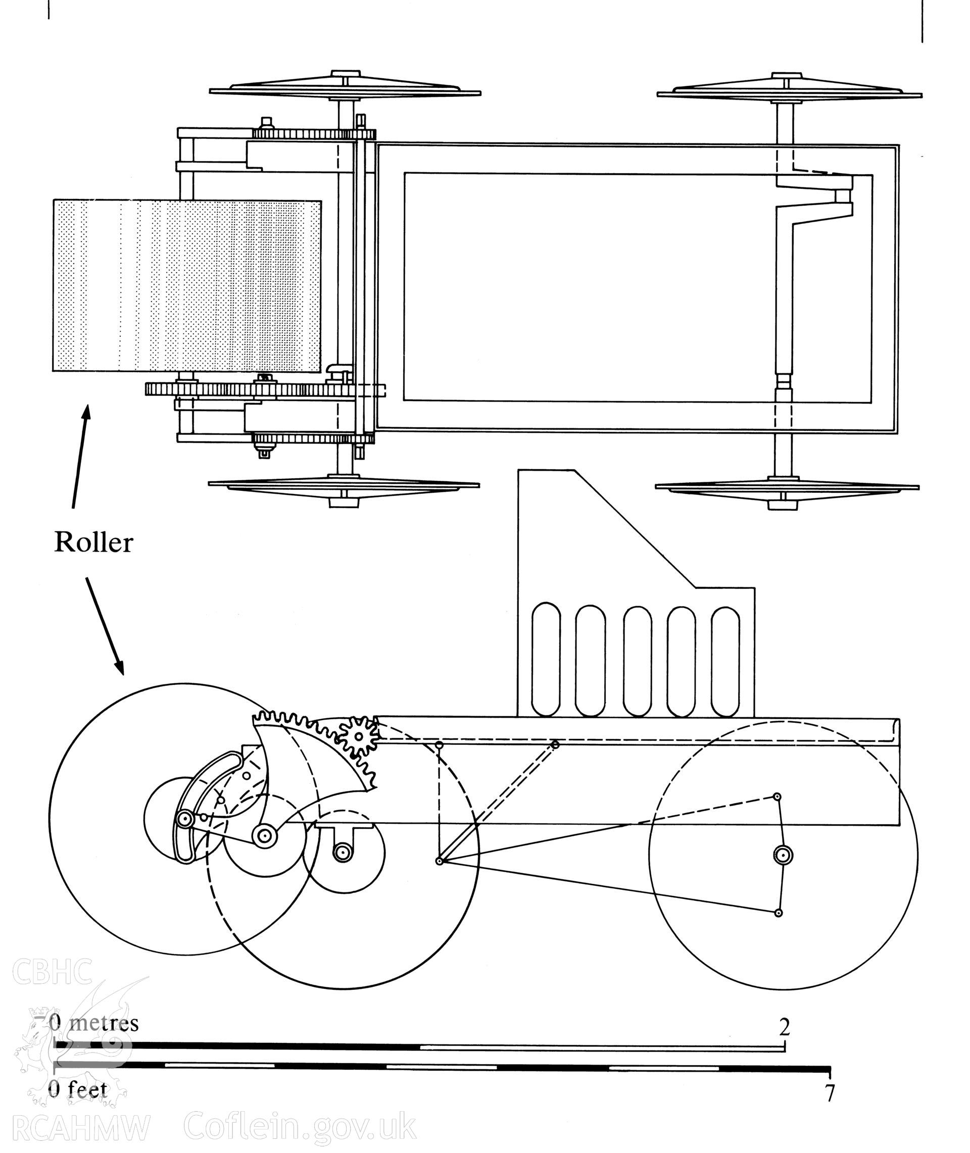 Finished ink-line drawing, a design for a locomotive for Neath Abbey Ironworks, redrawn from an illustration held at the Glamorgan Record Office, as published in "The Brecon Forest Tramroads", S.R. Hughes, 1990, fig 101.