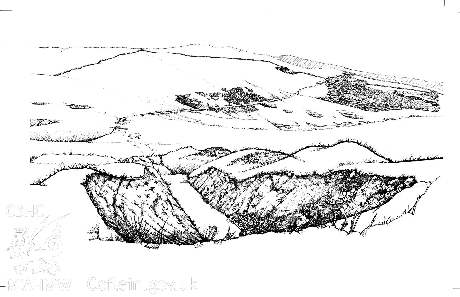 Illustration in two layers showing an unfinished cutting on Cribarth Tramroad,  as published in fig 87, "The Brecon Forest Tramroads", S.R. Hughes, 1990.