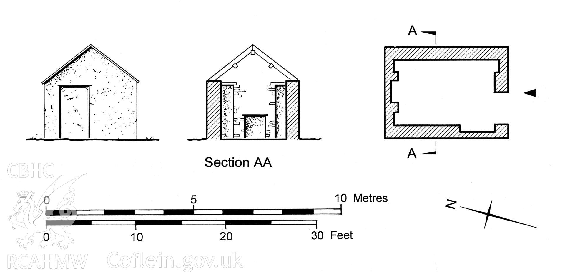 Measured plan and elevation drawing showing Ynysmeudwy Lengthman's Hut, produced by J.D. Goodband, 1980.