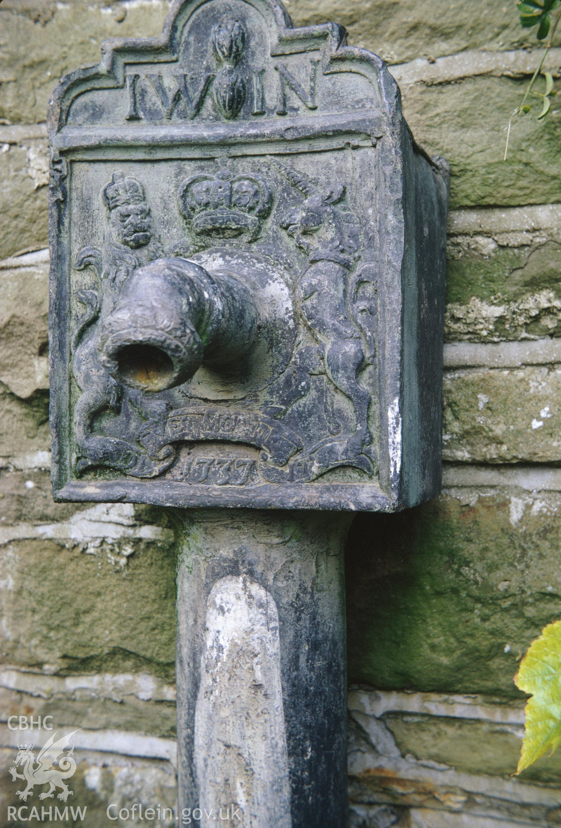 35mm colour slide showing the pump (dated 1737) at Kemeys House, Monmouthshire by Dylan Roberts.