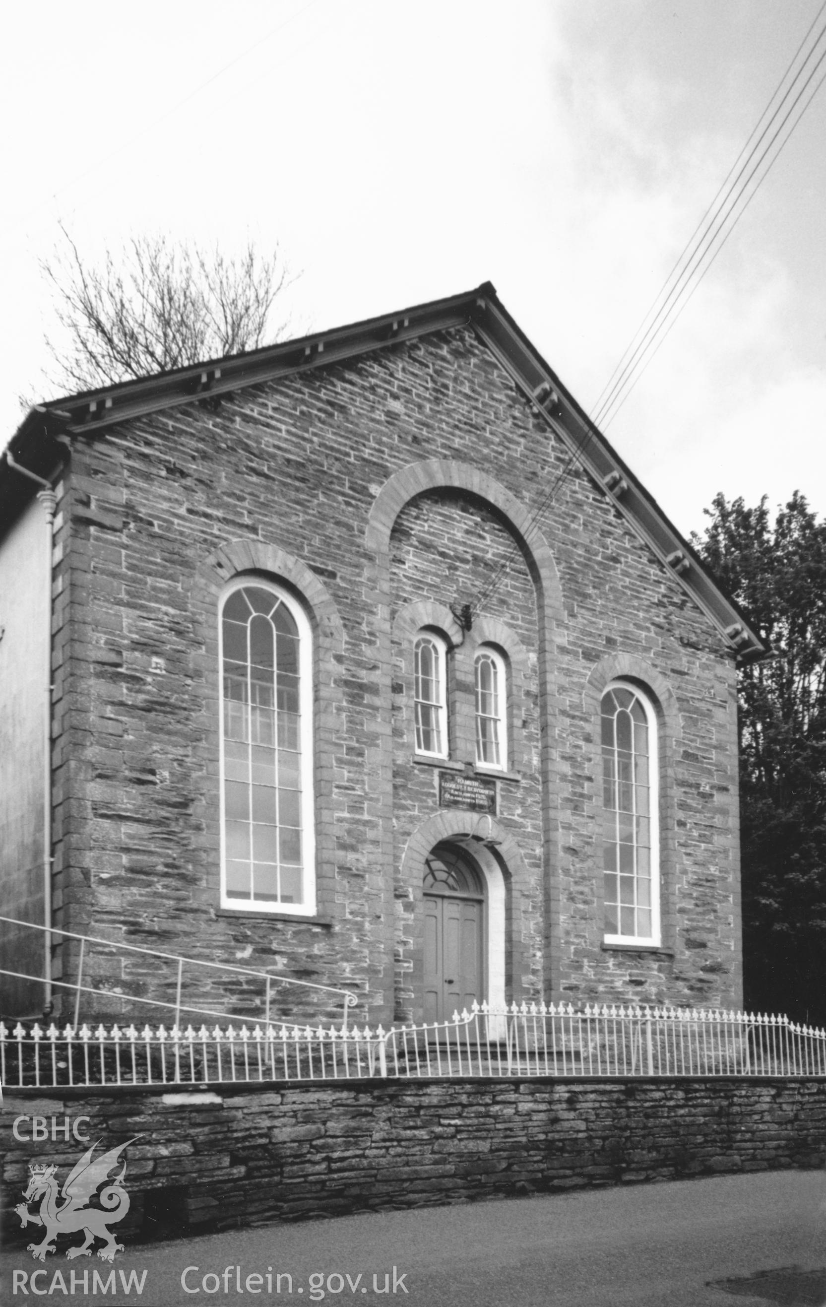 Digital copy of a black and white photograph showing a view of Ramoth Welsh Baptist Chapel,  Abercych, taken by Robert Scourfield, c.1996.