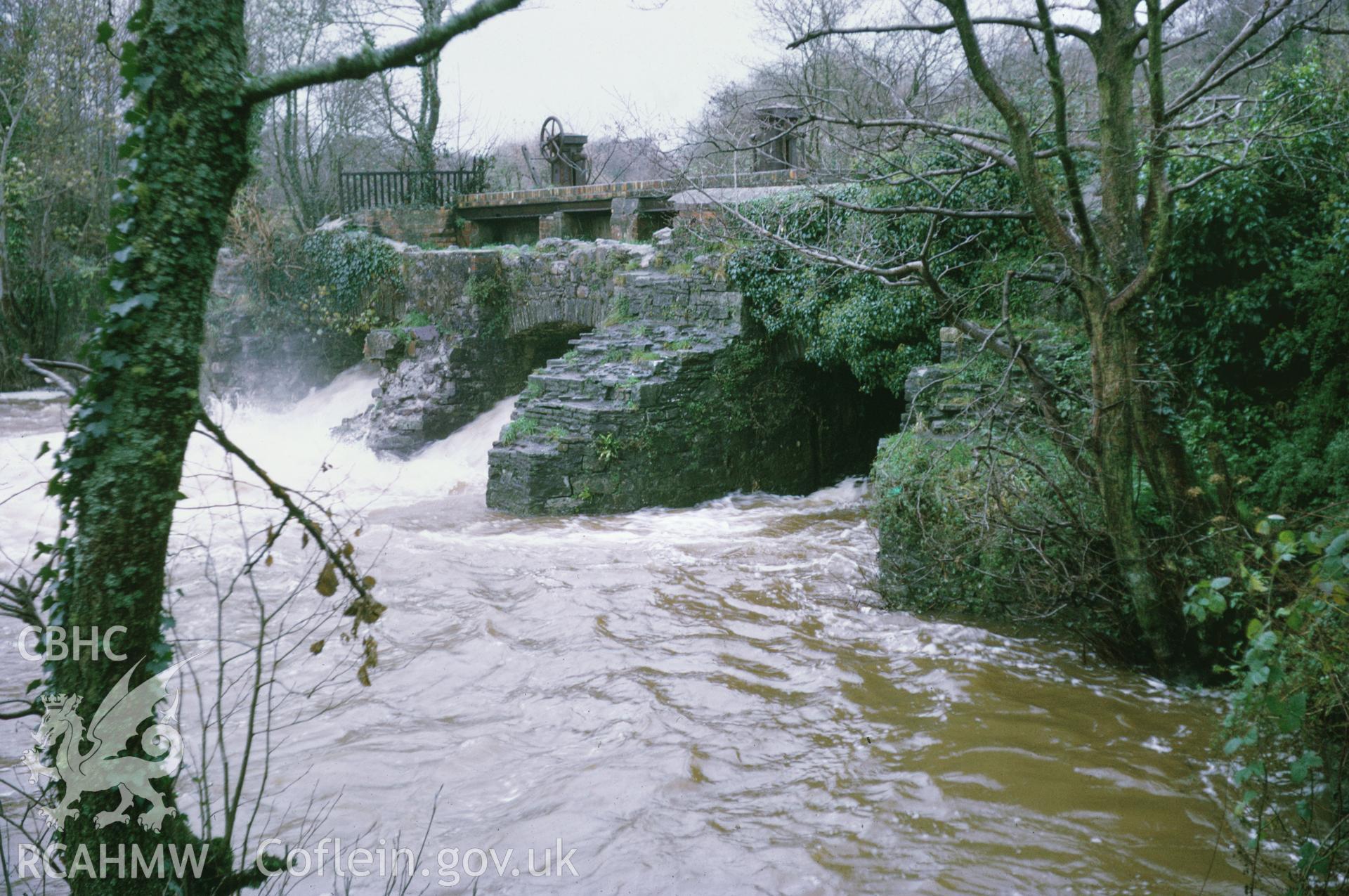 35mm colour slide showing sluices and dam at Kidwelly Tin-Plate Works, Carmarthenshire, by Dylan Roberts.