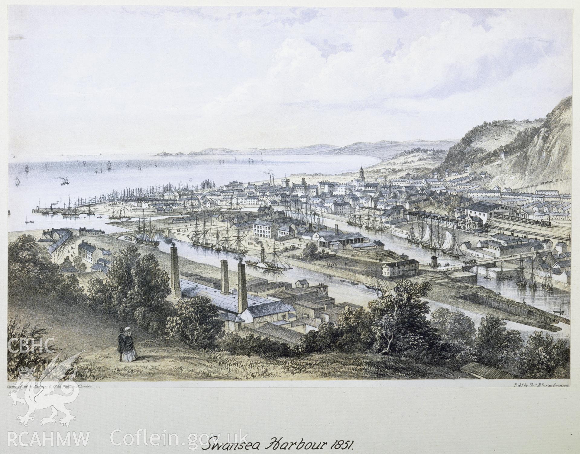 RCAHMW colour transparency of an 1851 lithograph showing Swansea Harbour, photographed by Iain Wright.