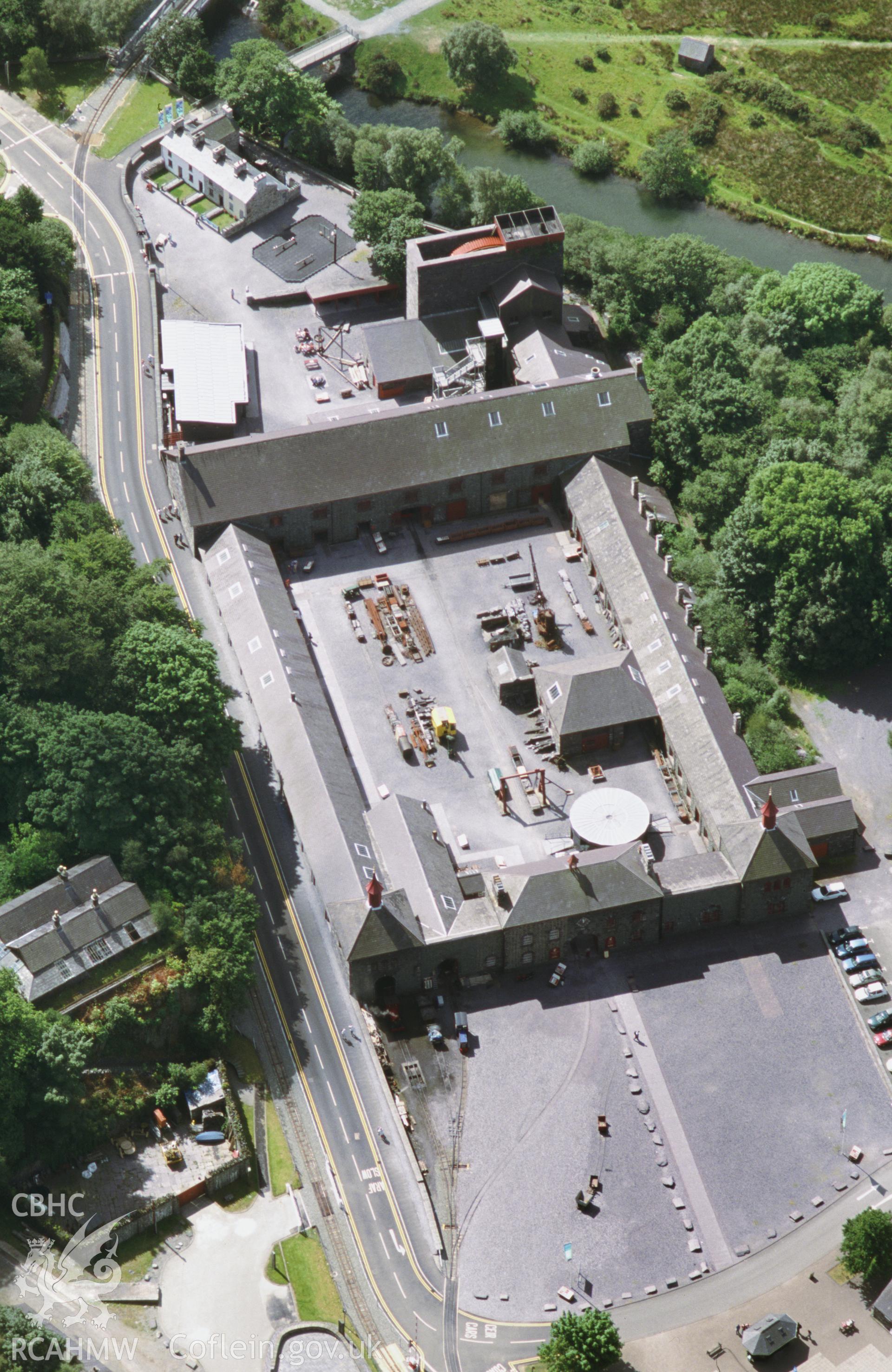 Slide of RCAHMW colour oblique aerial photograph of the Welsh Slate Museum, Llanberis, by Toby Driver, 2003.