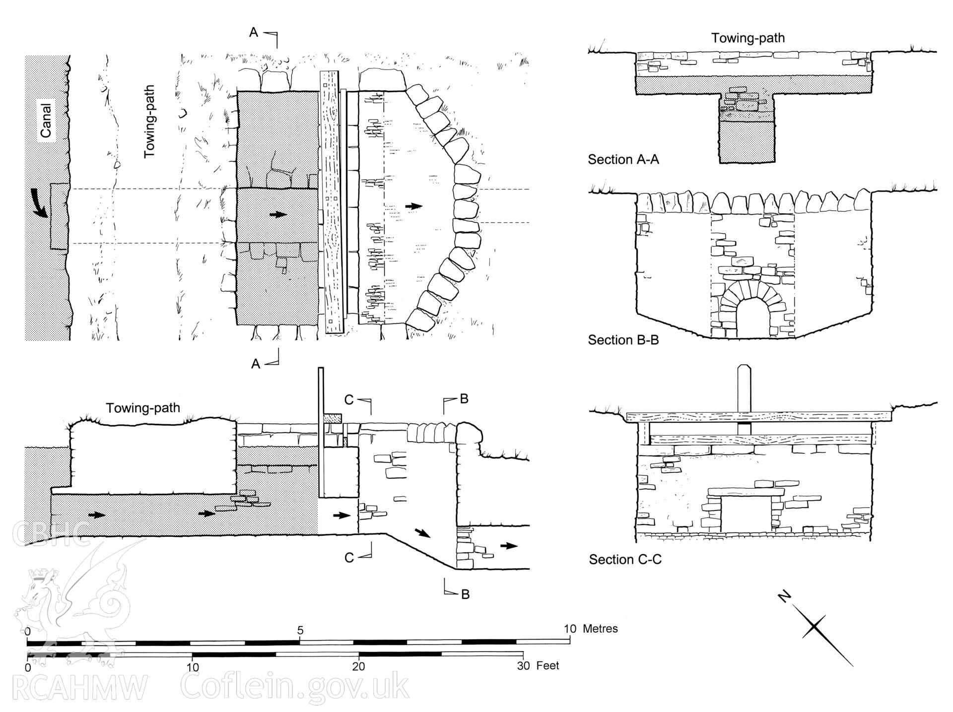 Measured drawing showing Cwmdu Outfall and Sluice at Ynysmeudwy, produced by J.D. Goodband, 1980.