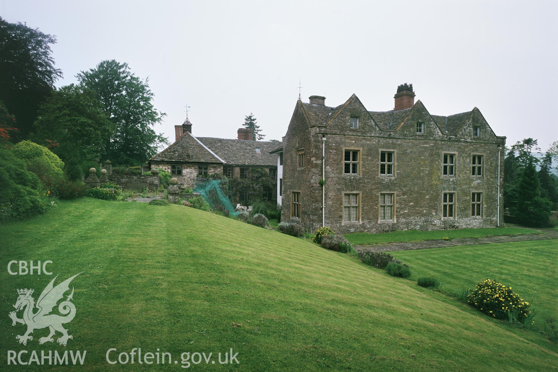 RCAHMW colour transparency showing view of Llanfihangel Court, taken by I.N. Wright, 1979.