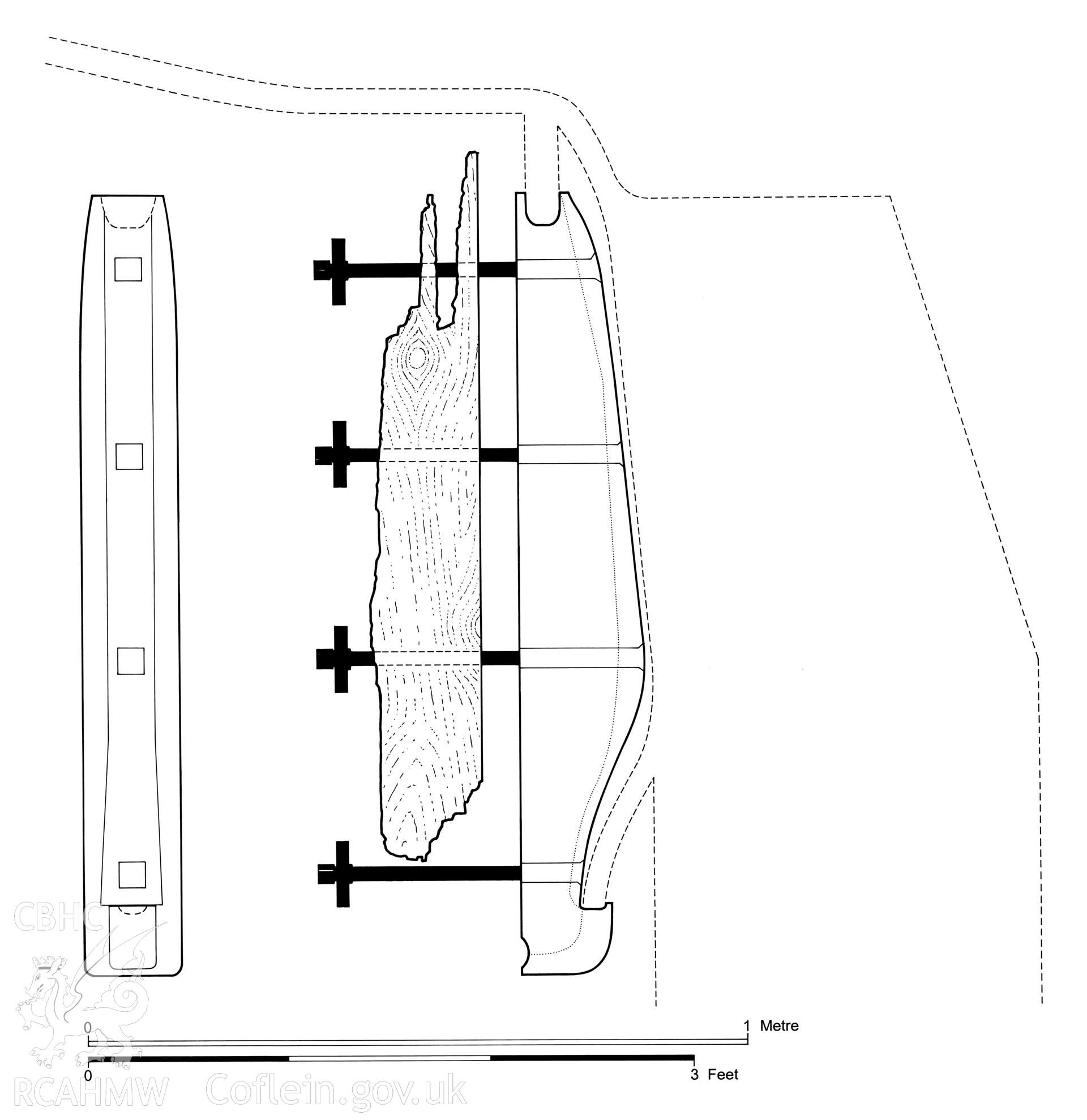 Measured drawing showing detail of the bowpiece of a boat found at Pant y Ffynnon Sawmill Dry Dock, produced by C.W. Green, 2006