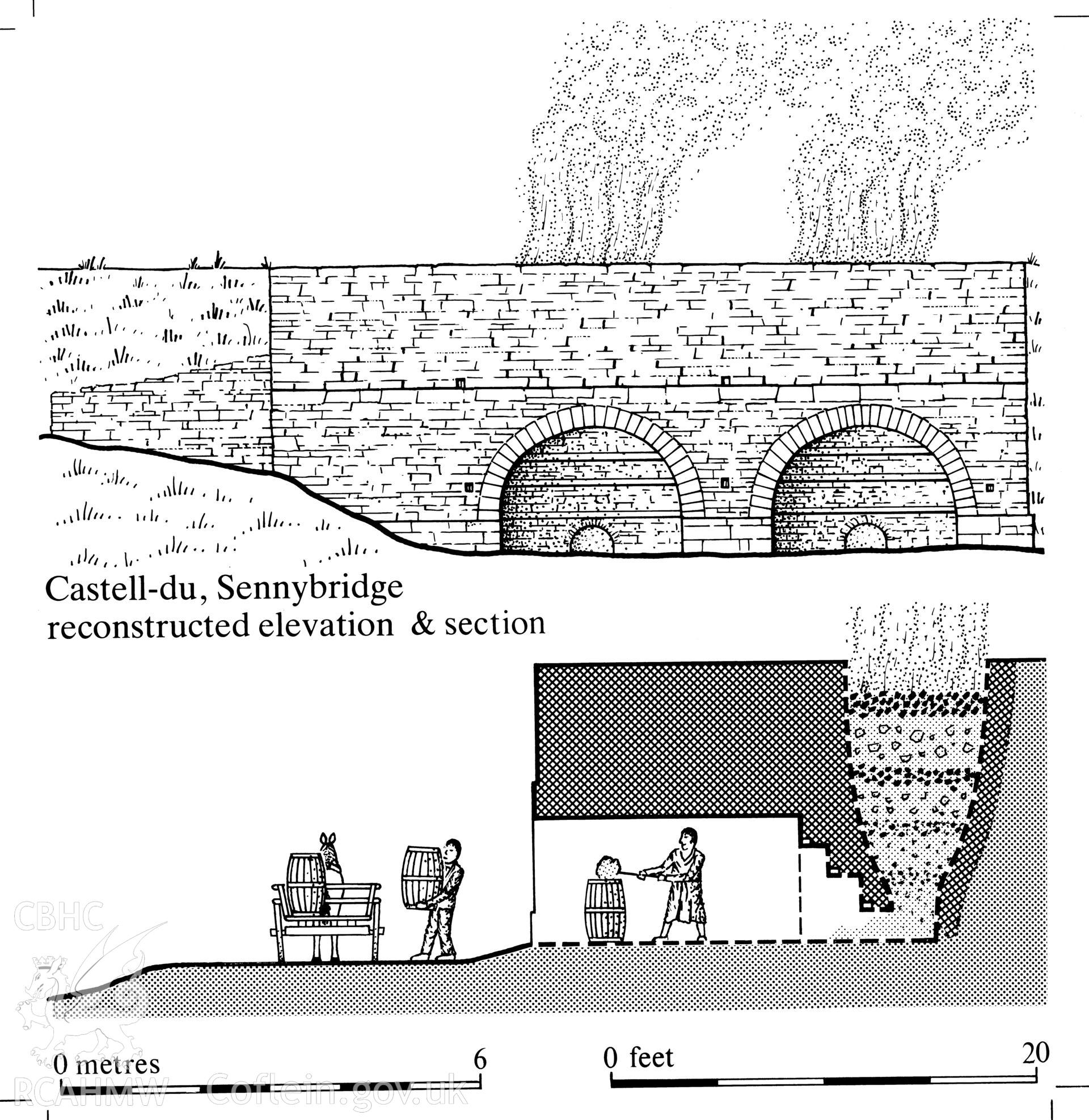 Finished ink-line drawing of Castell-du limekilns, Sennybridge, plus preliminary artwork. Fig 118, "The Brecon Forest Tramroads", S.R. Hughes, 1990.