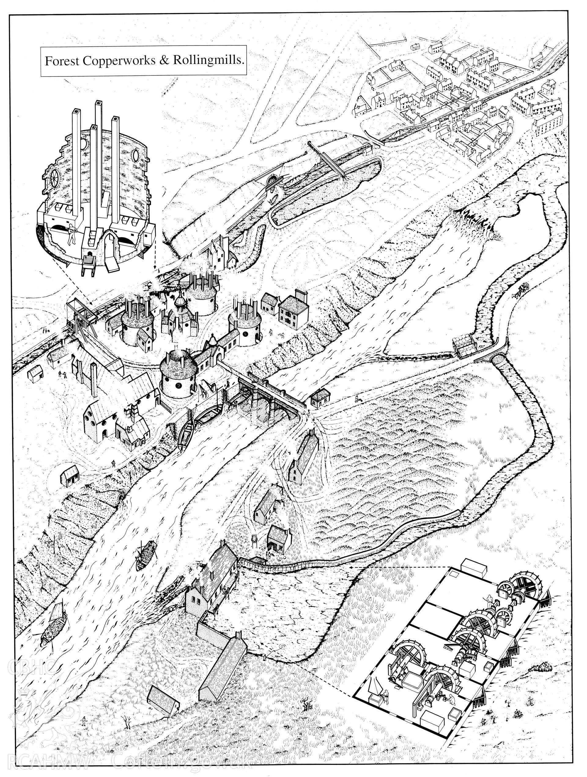 Reconstruction drawing showing Forest Copperworks, Morriston, produced by C.W. Green, 1987.