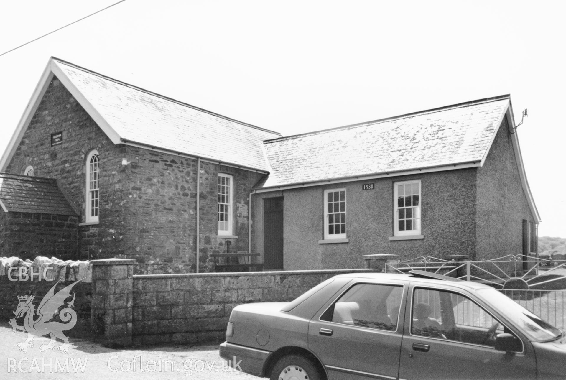 Digital copy of a black and white photograph showing an exterior view of Glandwr Welsh Baptist Chapel, Llanychar, taken by Robert Scourfield, c.1996.