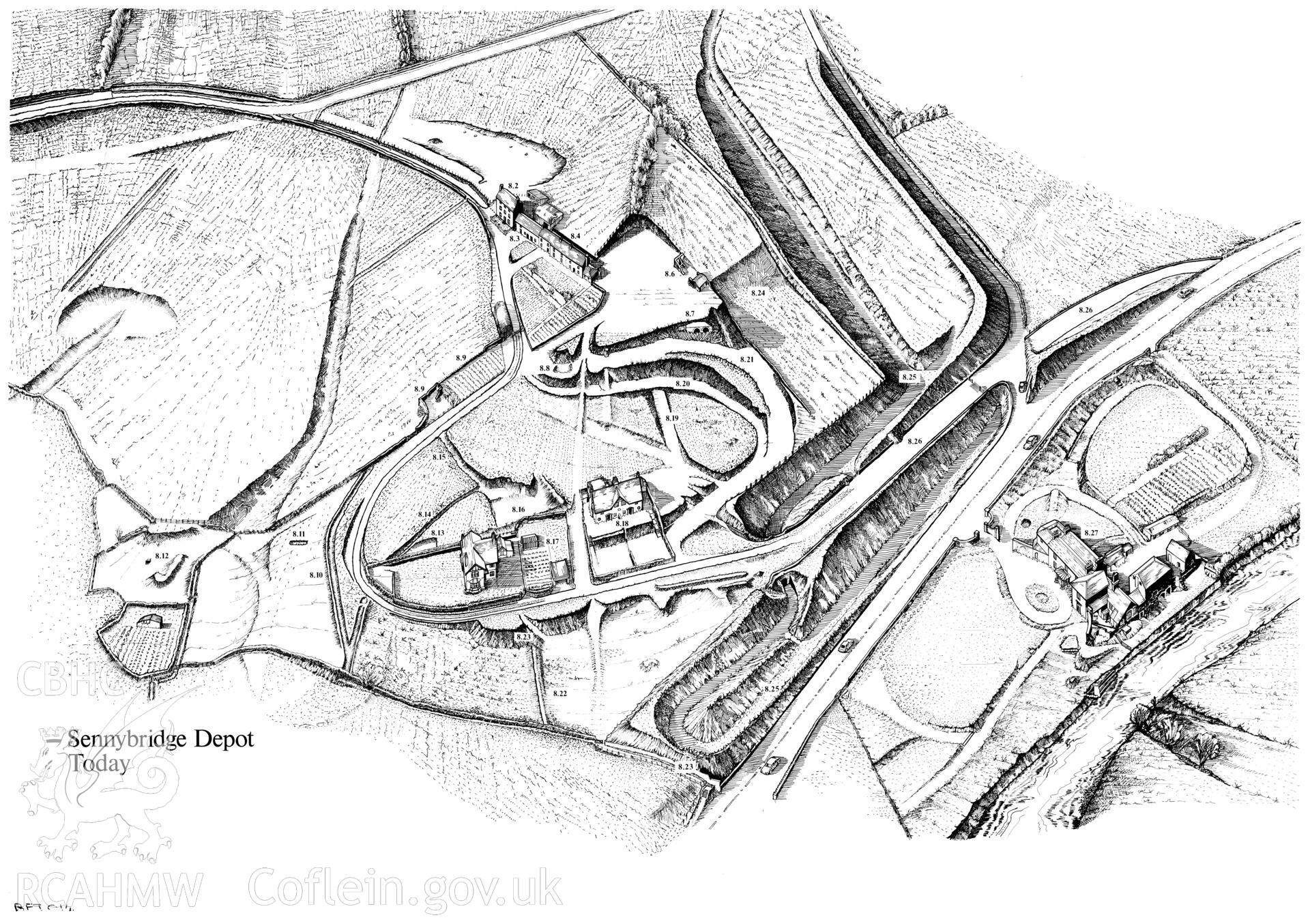 Finished ink-line reconstruction drawing of the present remains of the Sennybridge depot, plus the preliminary sketches. Fig 154, "The Brecon Forest Tramroads", S.R. Hughes, 1990.