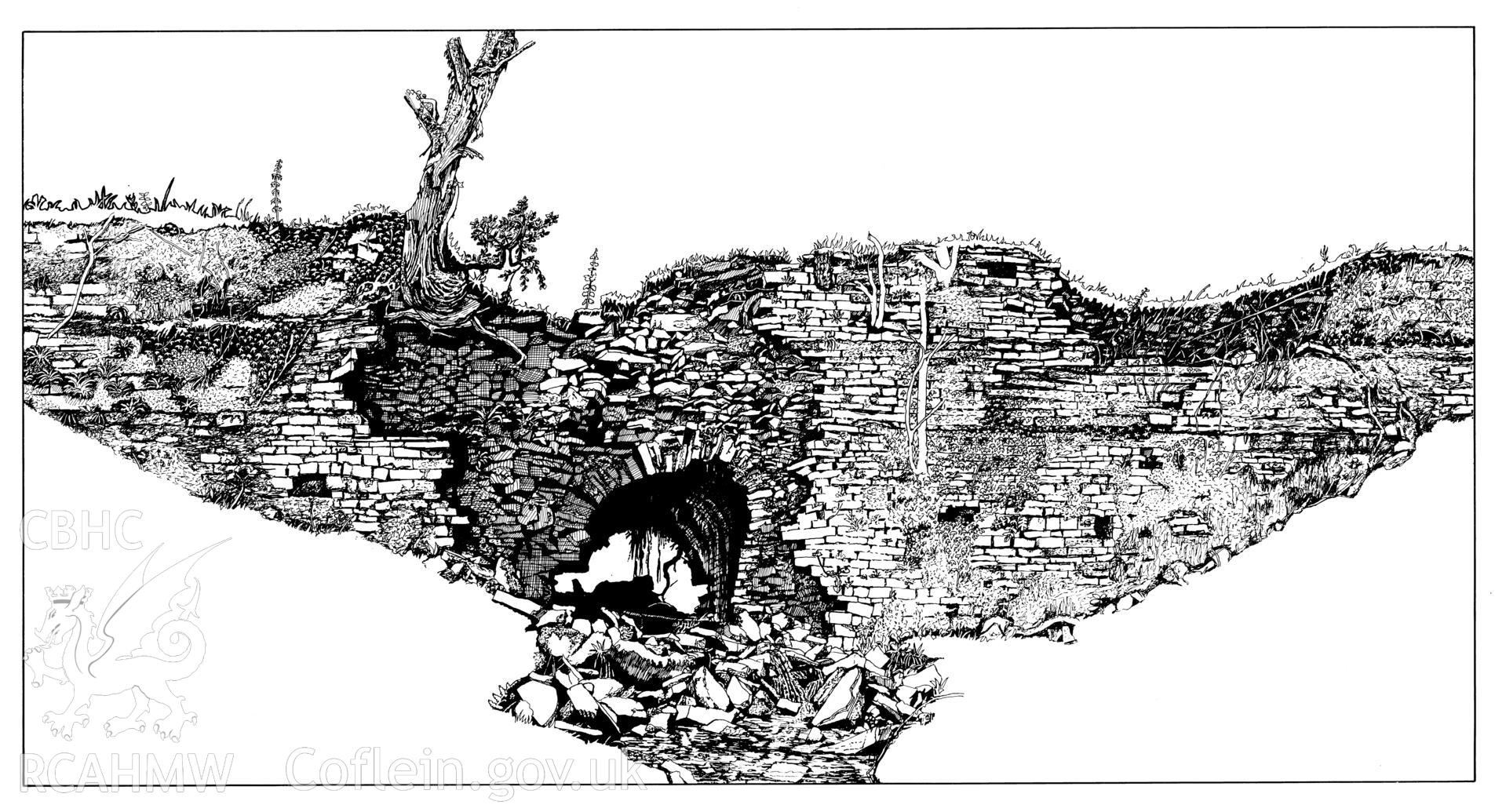 Copy of an ink drawing showing the Cwm Clydach causeway remains as published in fig 153, "The Brecon Forest Tramroads", S.R. Hughes, 1990.