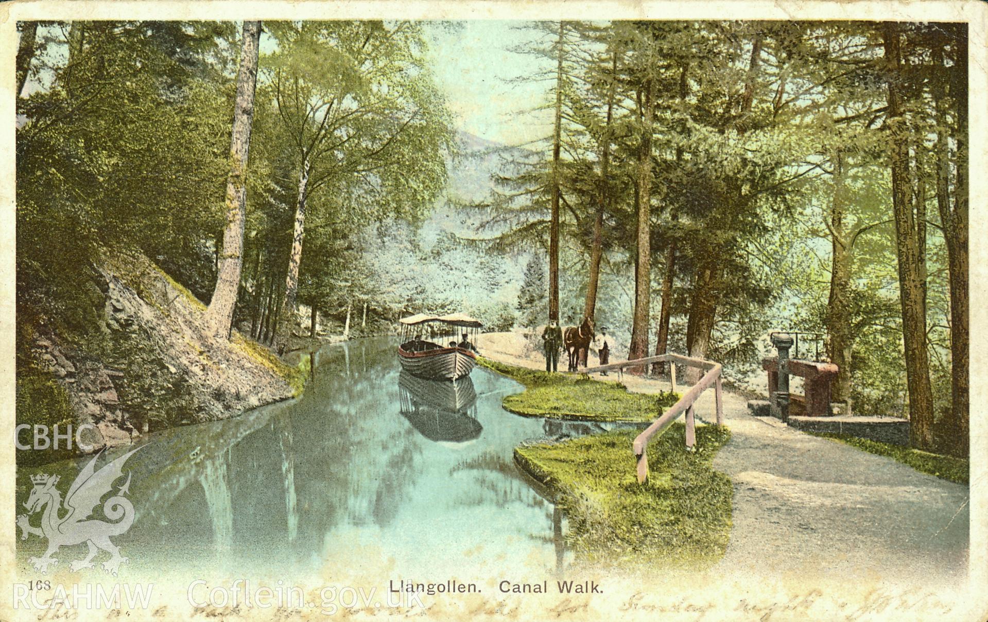 Digitized copy of a c.1903 colour-wash postcard showing a view of Llangollen Canal walk at the Pentre-felin outlet sluice, loaned for copying by Dr A.P. Wakelin.