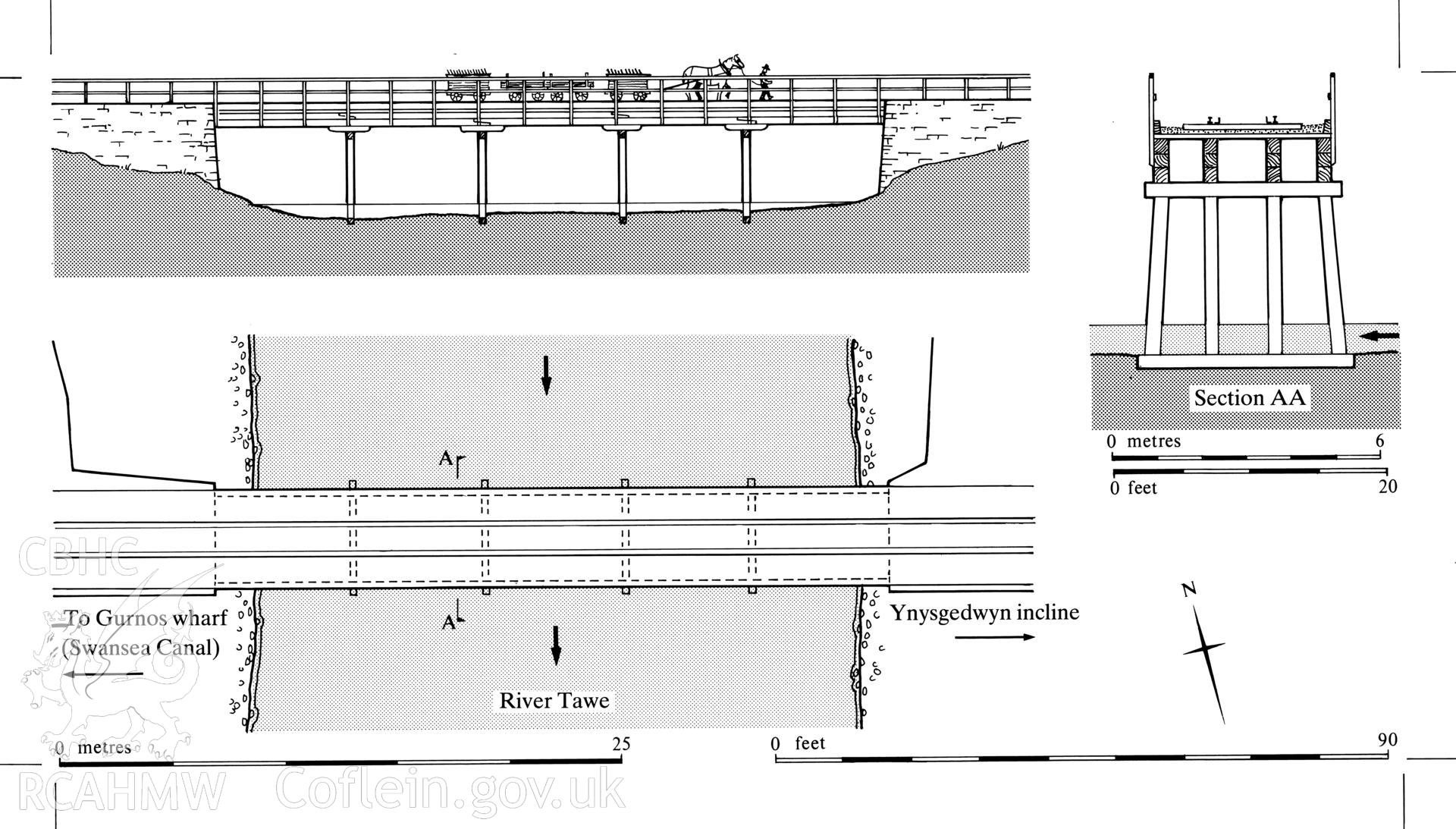 Finished ink-line drawing, Ynysgedwyn river bridge. Fig 81, "The Brecon Forest Tramroads", S.R. Hughes, 1990.
Plus three associated to-scale plans of sections/elevations of the bridge.