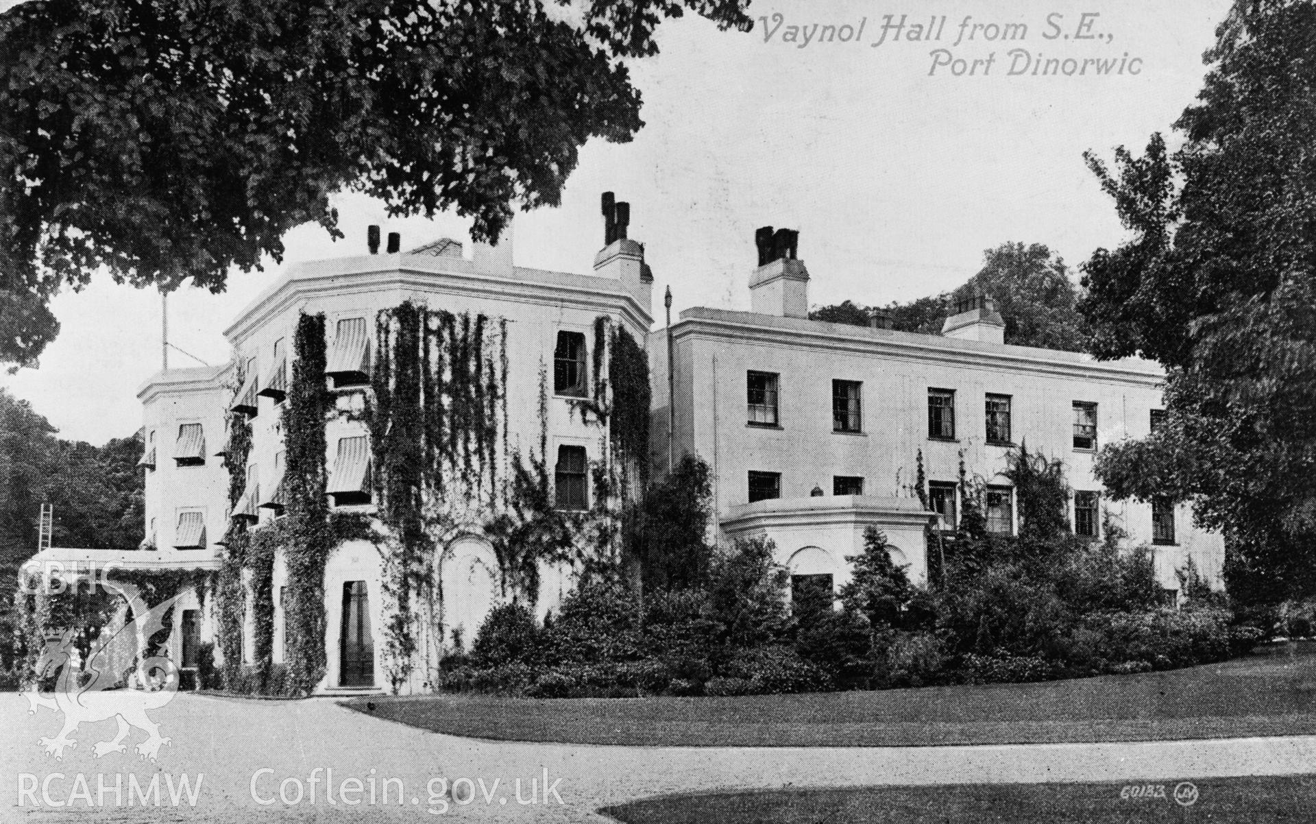 Vaynol Hall, Bangor; black and white photograph copied from an undated postcard loaned for copying by Thomas Lloyd.