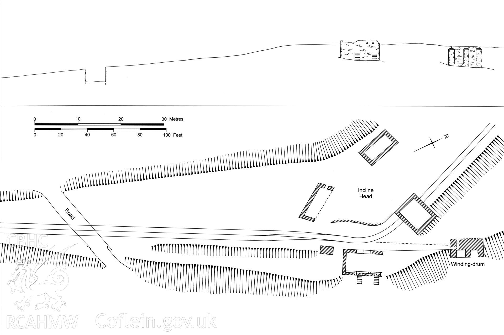 Measured plan and section view showing the top of the tramway incline at Graig Merthyr Colliery, produced by C.W. Green, 2006.