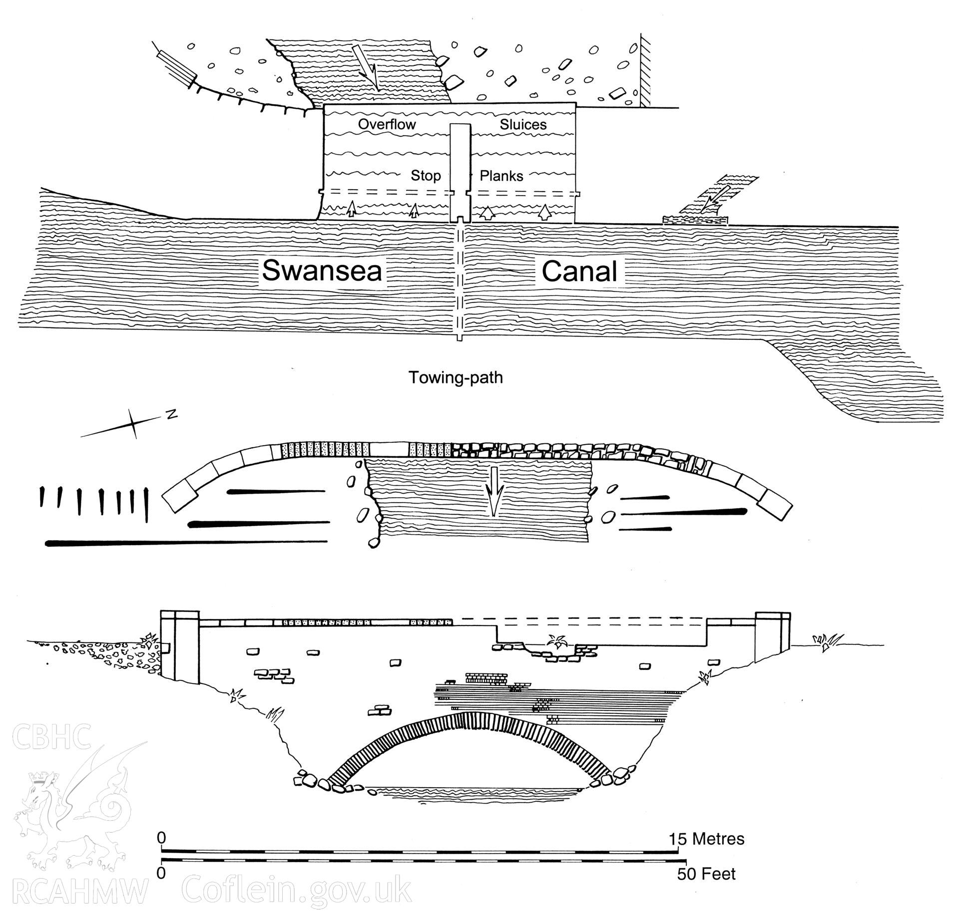 Measured drawing showing plan and elevation of Pontardawe Aqueduct, produced by Stephen Hughes, 1983.