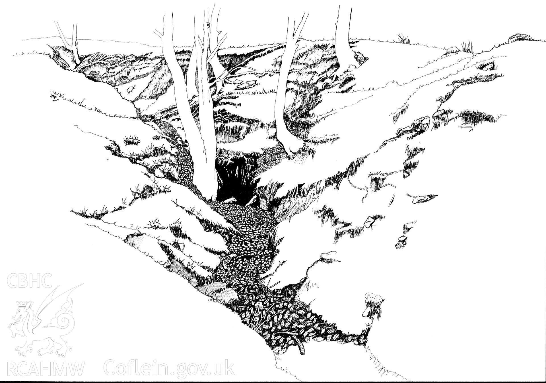 Finished ink-line drawing of the present remains of the Gwaunclawdd 'Level', Fig 60, "The Brecon Forest Tramroads", S.R. Hughes, 1990.